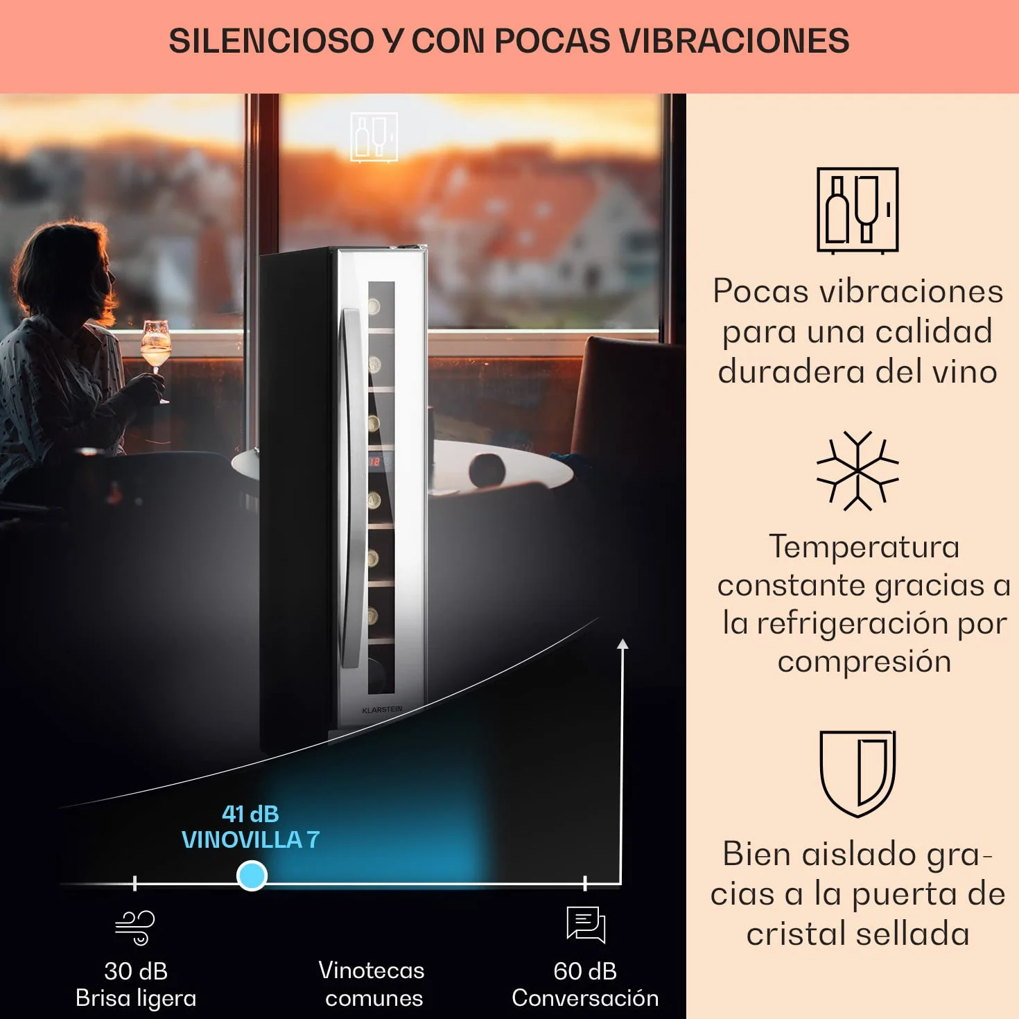 KLARSTEIN Vinoteca, Nevera para Vinos con 1 Zona de Refrigeración, Botellero Puerta Cristal para Vino, Proseco, Expositor Interior y Exterior, Panel Táctil, 20 L., Vinoteca Capacidad 7 Botellas