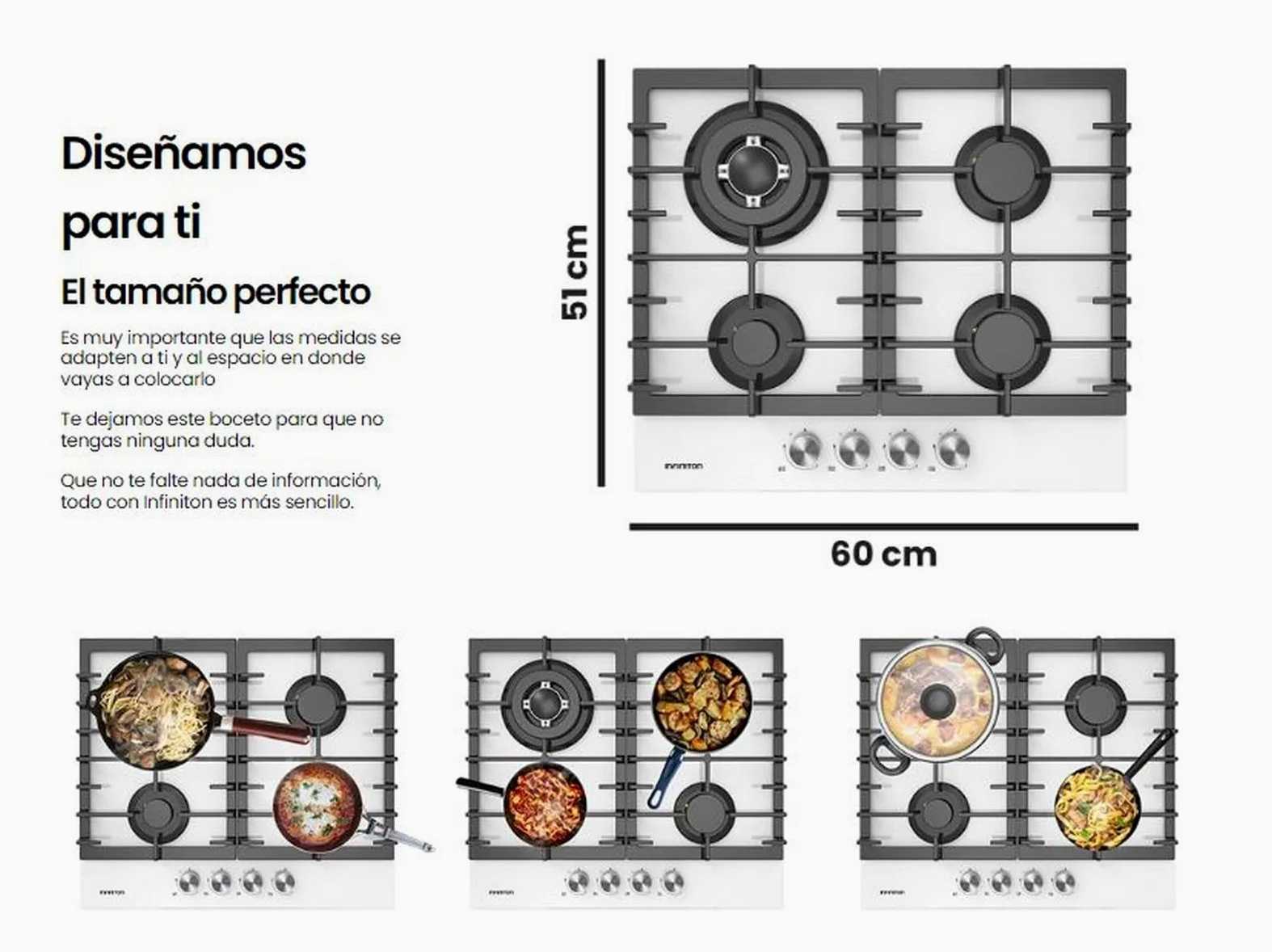 INFINITON Placa de Gas GG-43BK, 4 Fuegos, Ancho 60 cm, Acabado en Crystal White, Encendido Electrico, Compatible con Gas Butano/Propano y Gás Natural