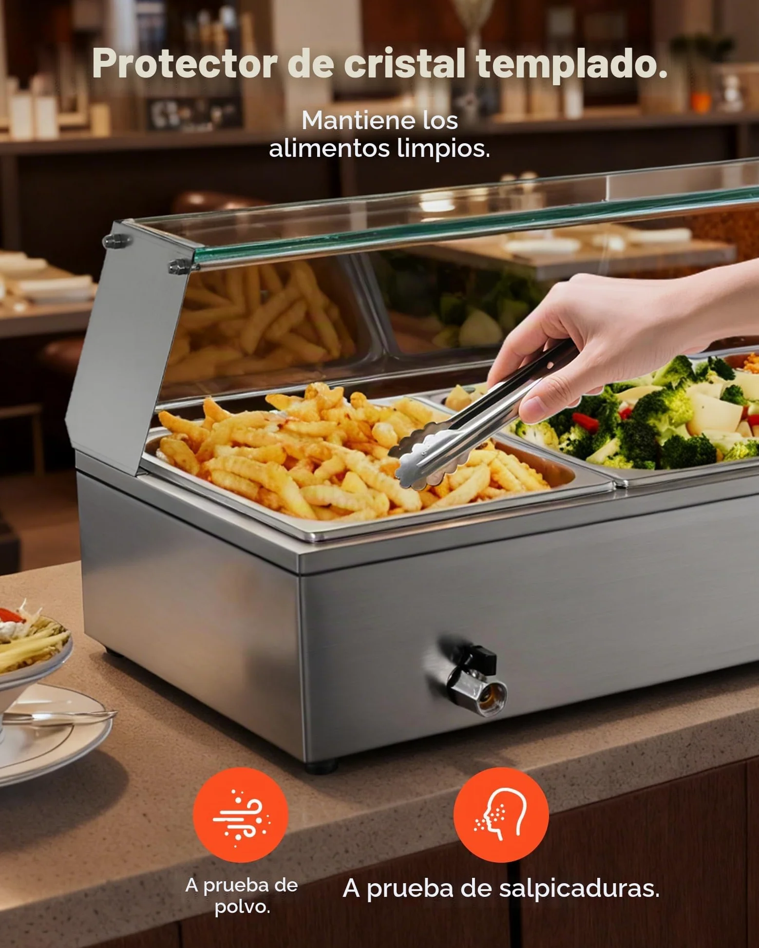 VEVOR Calentador de Alimentos, Tapa de Vidrio y 3 Recipientes,1,5 kW, Acero Inoxidable, Baño María, Estación de Calentamiento de Alimentos para Restaurantes, Fiestas y Buffets, 920 x 365 x 335 mm