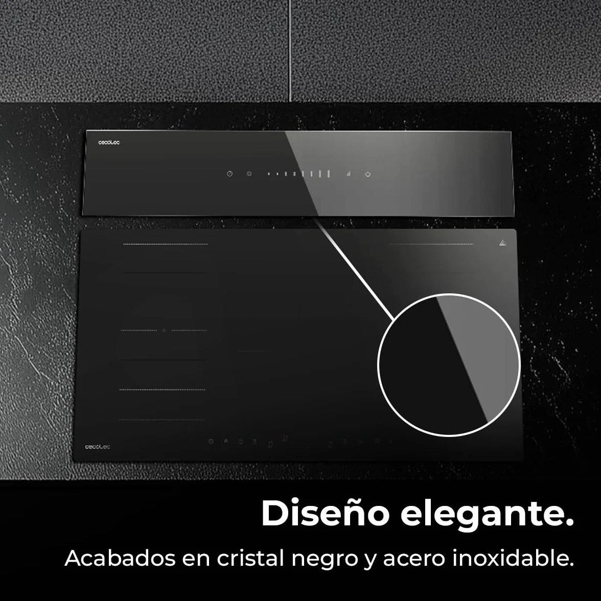 Cecotec Campana Extractora de Encimera 90m Bolero Flux ET 908000 Glass Black A++. 210W, Succión 800m3/h, 8 Velocidades, Slider Touch Control, Filtro Carbono, Acabado en Cristal Negro