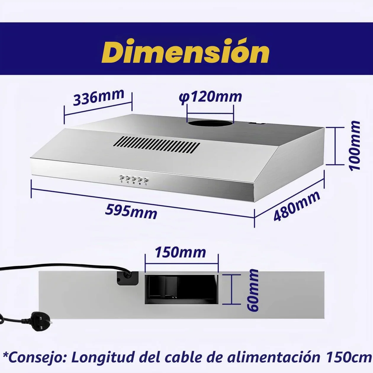 FIREGAS campana extractora 60 cm, con motor sin escobillas, 3 velocidades, 250 m³/h, iluminación LED, filtro de carbón incluido, evacuación y reciclaje, acero inoxidable