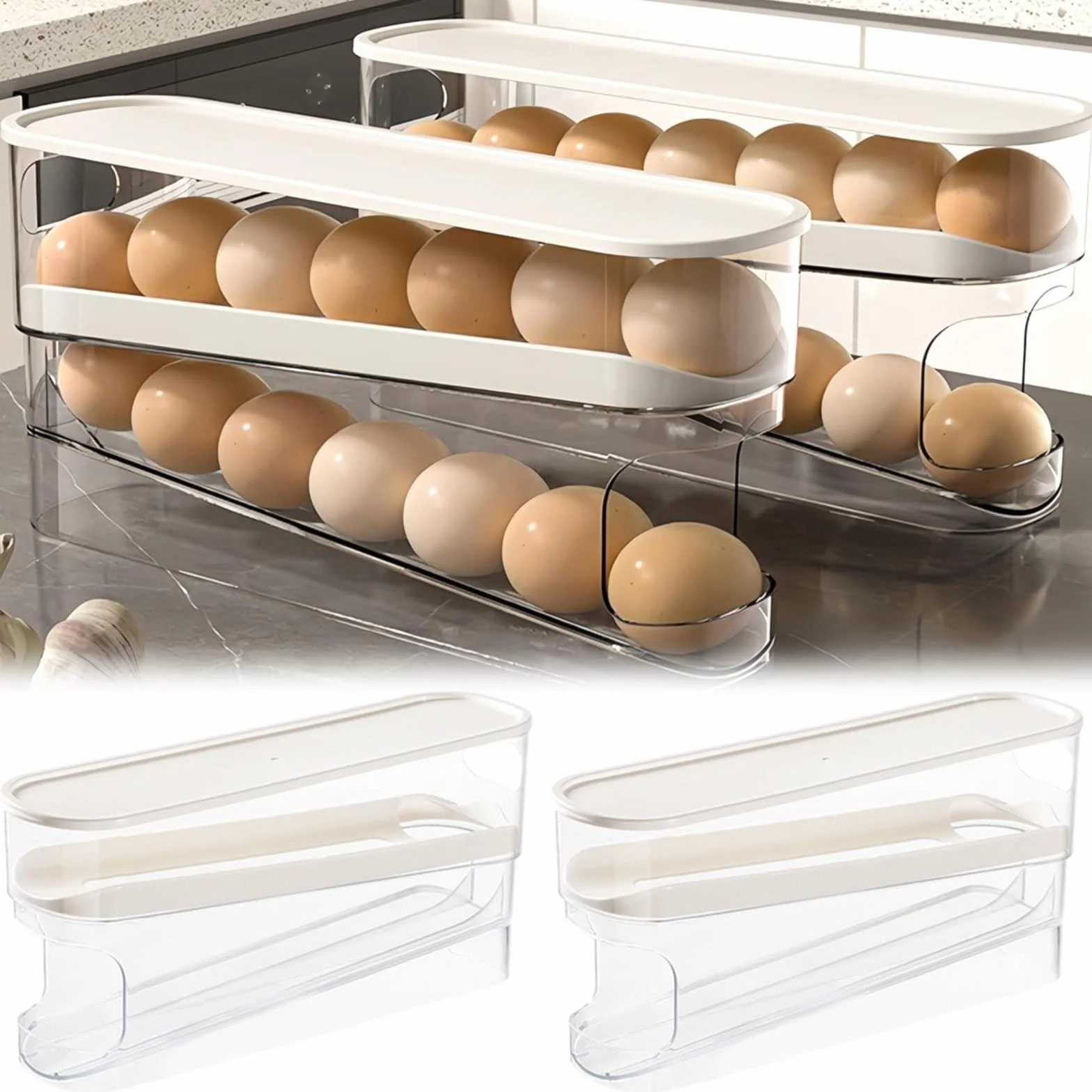 Rejilla for huevos con ruedas automáticas, refrigerador, caja de almacenamiento for, dispensador que ahorra espacio, compatible, rejilla for for cocina, gabinete encimera(2pcs)