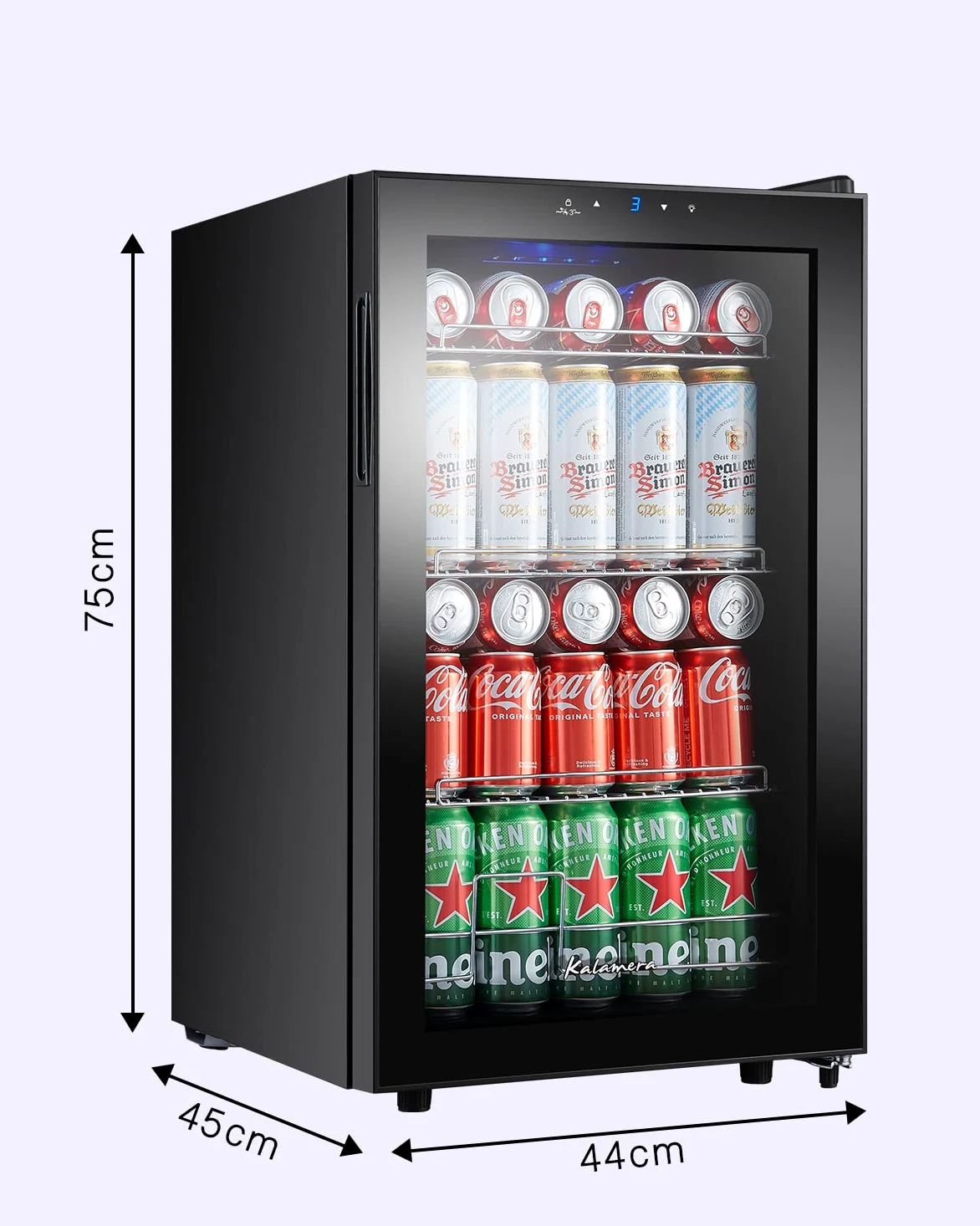 Kalamera KRC-68GE Refrigerador para bebidas, nevera pequeña para botellas con panel de control táctil, zona de enfriamiento de 3-18 °C, nevera de cerveza, 68 litros, 38 dB, luz interior LED azul
