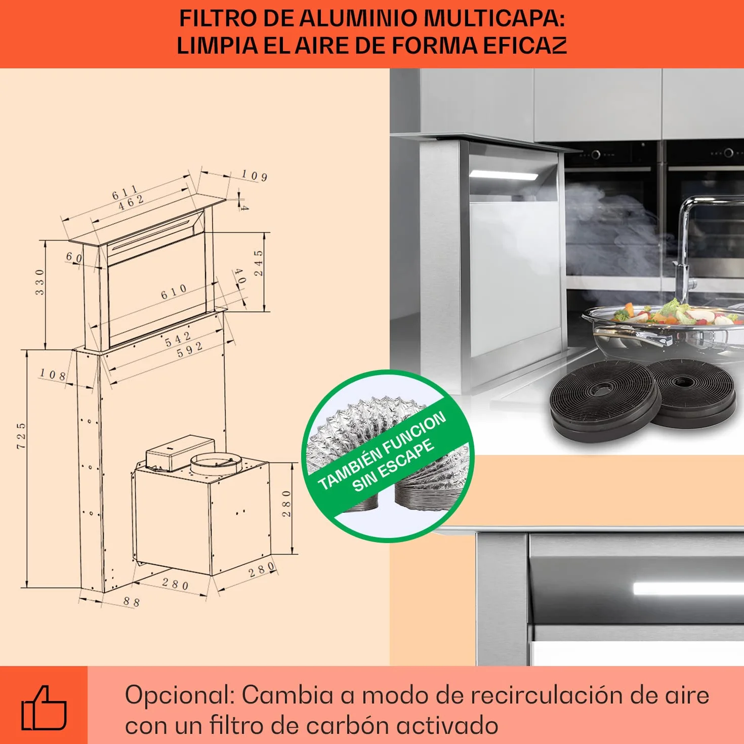 Klarstein Royal Flush Eco 60cm - Campana extractora retráctil, 576 m³/h, Touch-To-Slide, LED, eficiencia energética A++, acero inoxidable y cristal, recirculación/extracción de aire