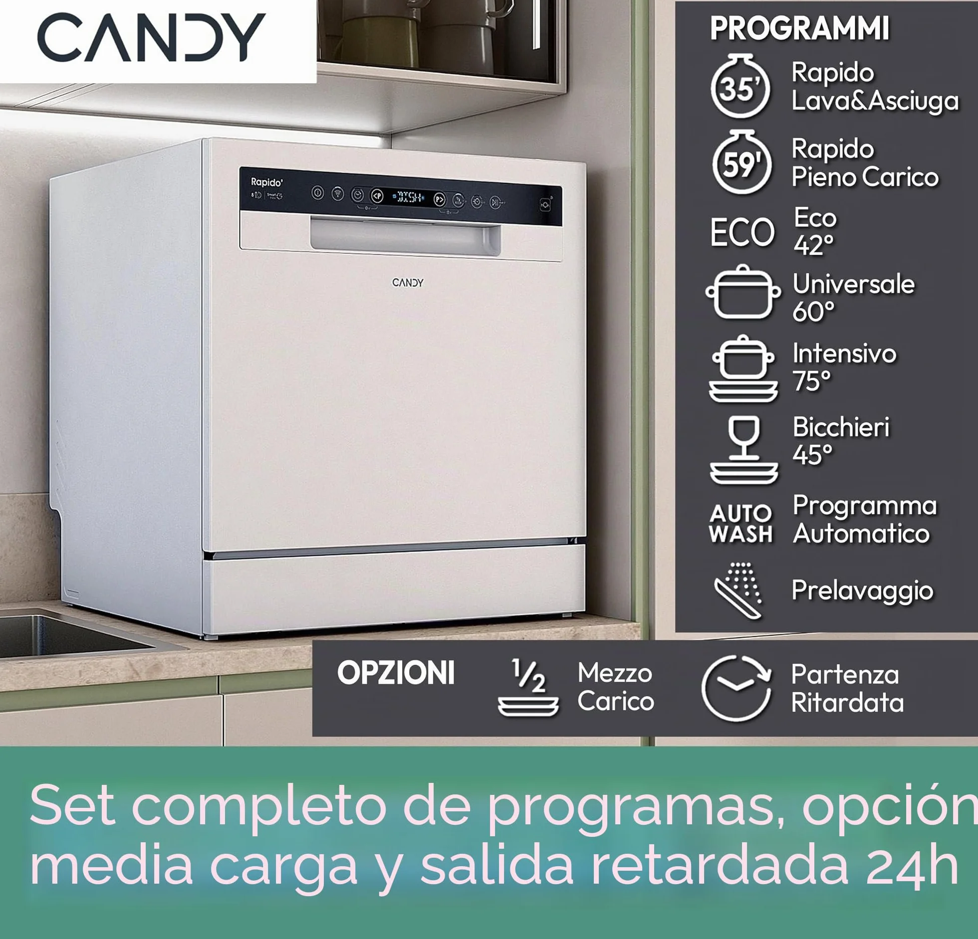 Candy Rapido' CP 8F9FFW Lavavajillas compacto, 8 cubiertos, 8 programas, lavado y secado de 190 cm, primera selección, HxBxD 59,5 x 50,1 x 55 cm, blanco [clase energética F]