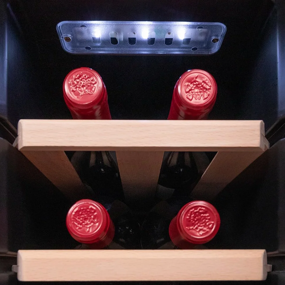Cecotec Vinoteca 12 Botellas Bolero GrandSommelier 1270 CoolWood. Nevera para Vino, Enfriamiento Termoeléctrico, Temperatura regulable y Luz LED interior, Diseño en Madera e Inox