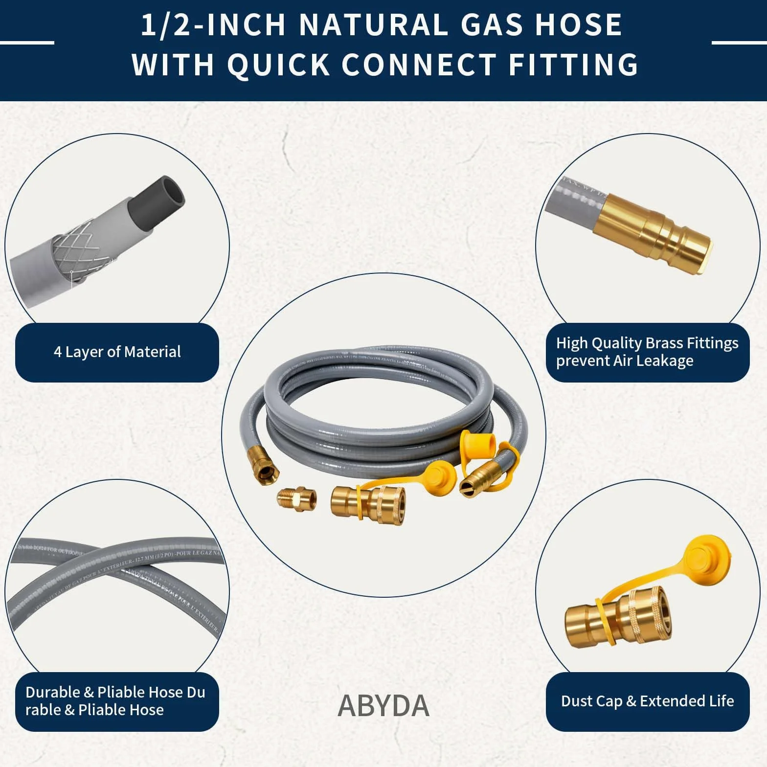 ABYDA Manguera de gas natural de 10 pies de diámetro interior de 1/2 pulgada de diámetro interior, manguera de gas licuado de baja presión con conexión rápida, para barbacoa, parrilla, horno de pizza
