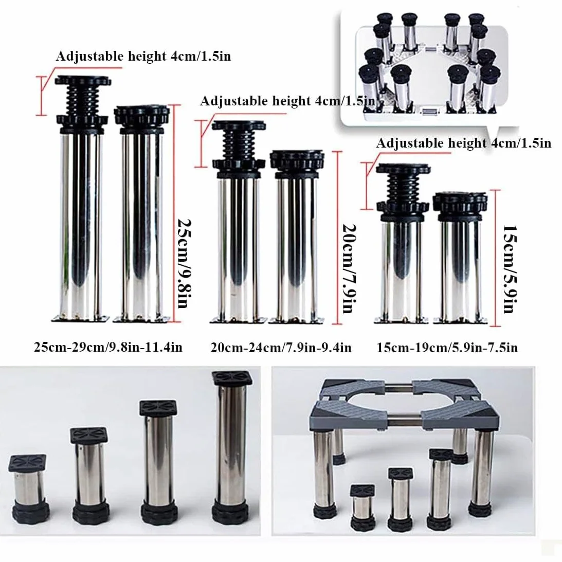Soporte Lavadora función antivibración Base Lavadora Frenos Ajustables, Ajustable en tamaño, para lavadoras y secadoras apiladas de 42-69 cm, Carga de 400 kg,12 Legs-28cm-32cm