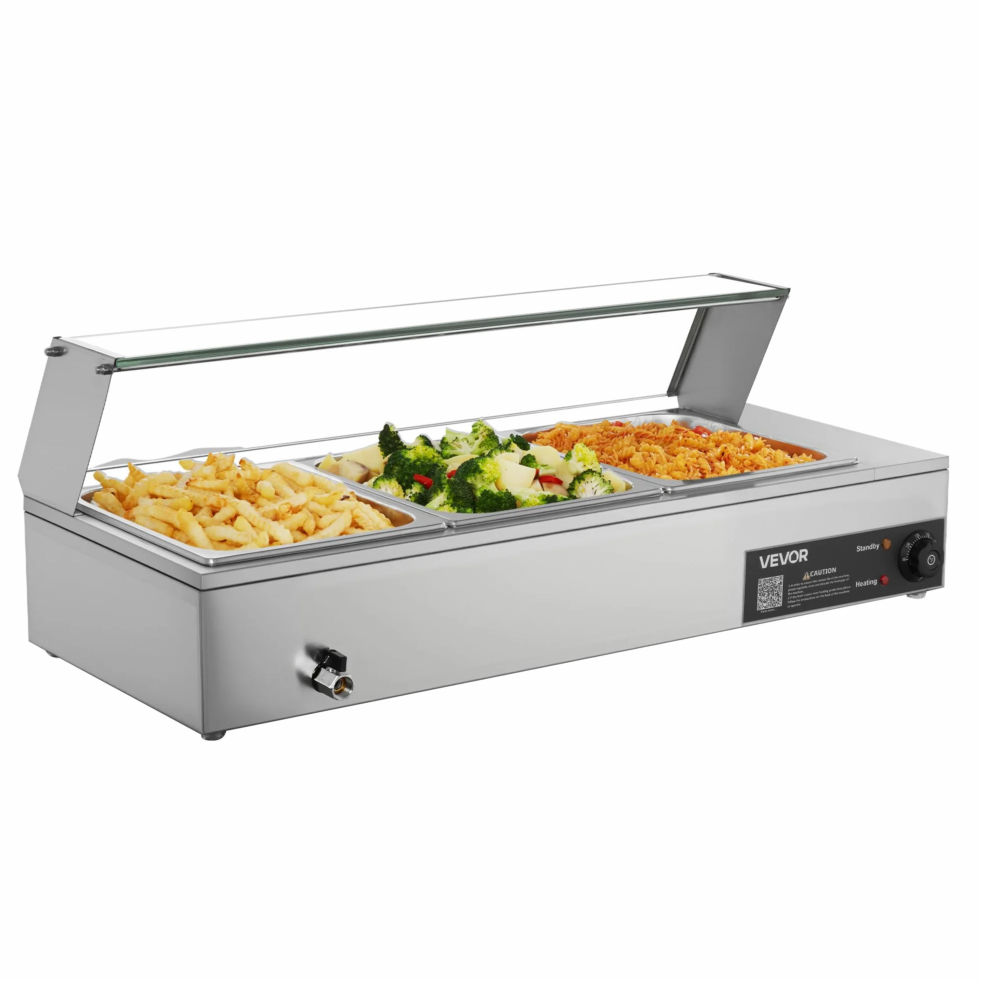 VEVOR Calentador de Alimentos, Tapa de Vidrio y 3 Recipientes,1,5 kW, Acero Inoxidable, Baño María, Estación de Calentamiento de Alimentos para Restaurantes, Fiestas y Buffets, 920 x 365 x 335 mm