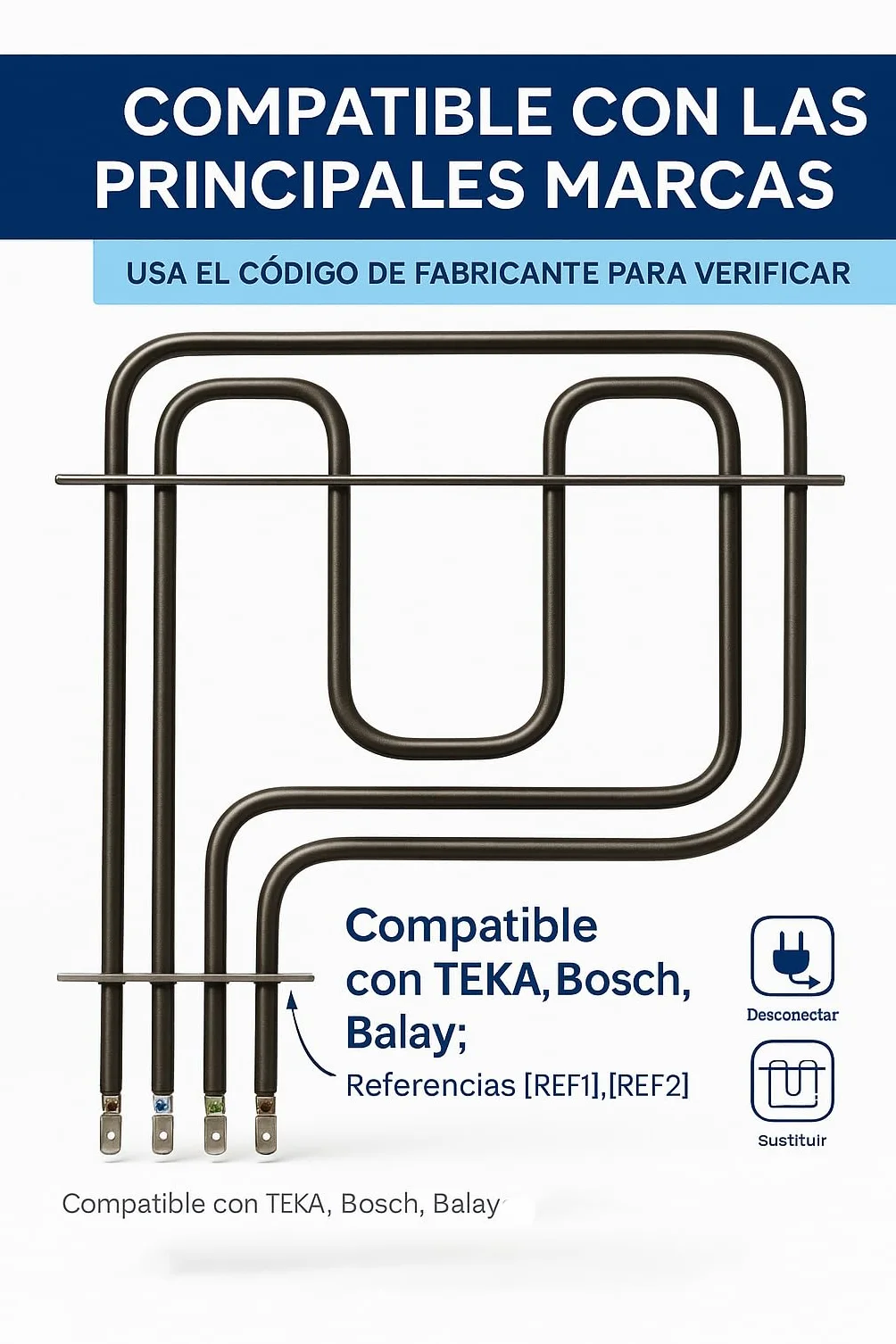 RECAMBIOS DREYMA Resistencia Solera y Grill Horno 1500W 1100W 230V Tubular Acero Montaje Faston Barra Guia Calor Uniforme Instalacion Rapida Compatible con TEKA BOSCH BALAY Repuesto Solido