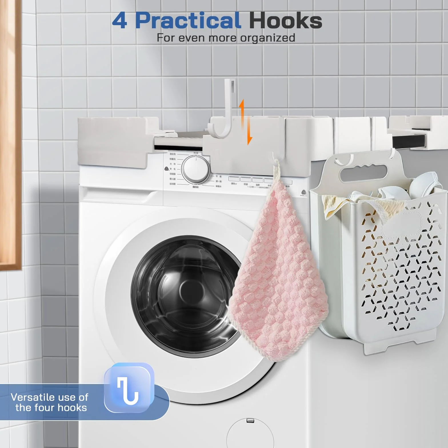 Kit de Unión Universal para Lavadora y Secadora, Kit Apilado Universal con Cuerda de Trinquete y 4 Ganchos, Marco Intermedio Universal para Lavadora y Secadora, tamaño Ajustable (45-68 cm)