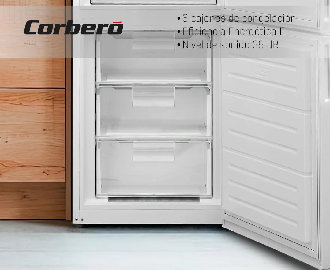 Corberó - Frigorífico Combi | CC200V24NFW | 327L | 60x59,5x201 | No Frost, Luz LED, Crisper, Balcones Ajustables, Estantes de Cristal, Huevera | 39 Db | Blanco