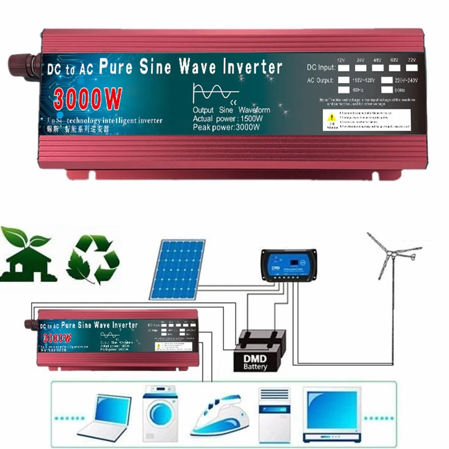Inversor de Corriente, Inversor de onda sinusoidal pura DC 12v / 24v 1000W 1600W 2000W 3000W Convertidor de banco de energía portátil Inversor solar(3000W 24V,50HZ_1)