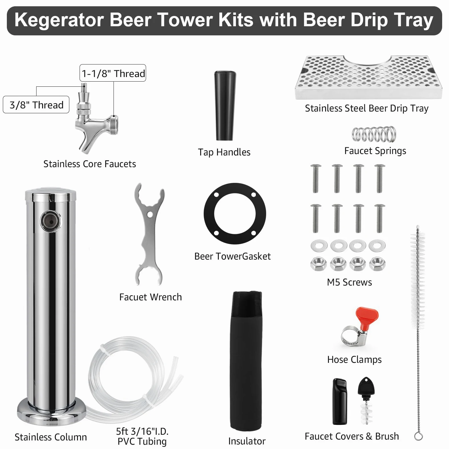 Torre de grifo de cerveza Kegerator de un solo grifo con bandeja de goteo de cerveza de acero inoxidable, torre de barril de cerveza preinstalada con bandeja de goteo de barril de piezas Kegerator