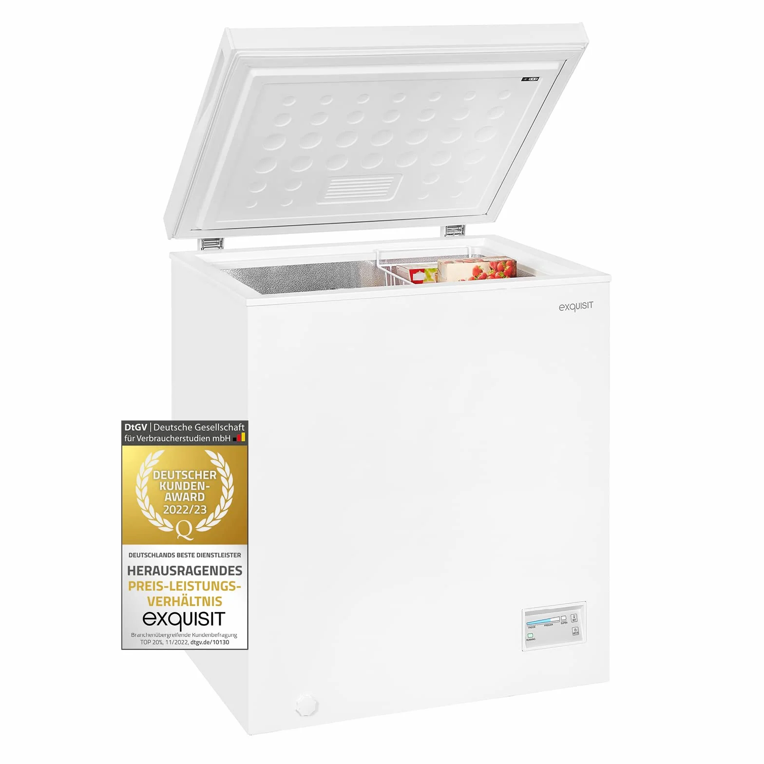 Exquisit® Congelador Horizontal, 142L, Clase F, Color Blanco, Mantiene Alimentos sin Corriente 10 Horas, Enfriamiento Rápido, 1 Cesto, Tirador Externo, Consumo 228 kWh/año, Medidas 84,5x70,5x55 Cm.