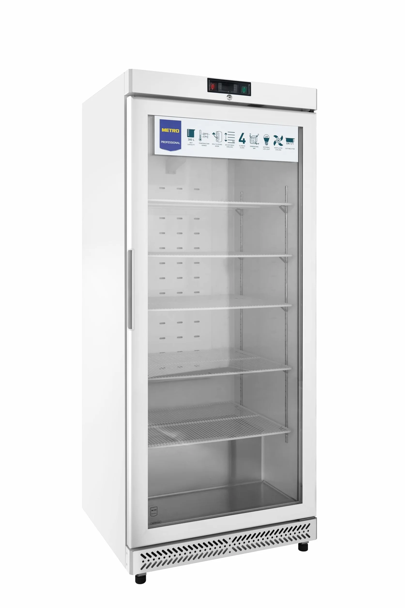 METRO Professional Frigorífico con Puerta de Cristal GRE6600G, 380L, Nevera Vertical con Cerradura, 77.5x72.5x188.5cm, 5 Estantes, Blanco