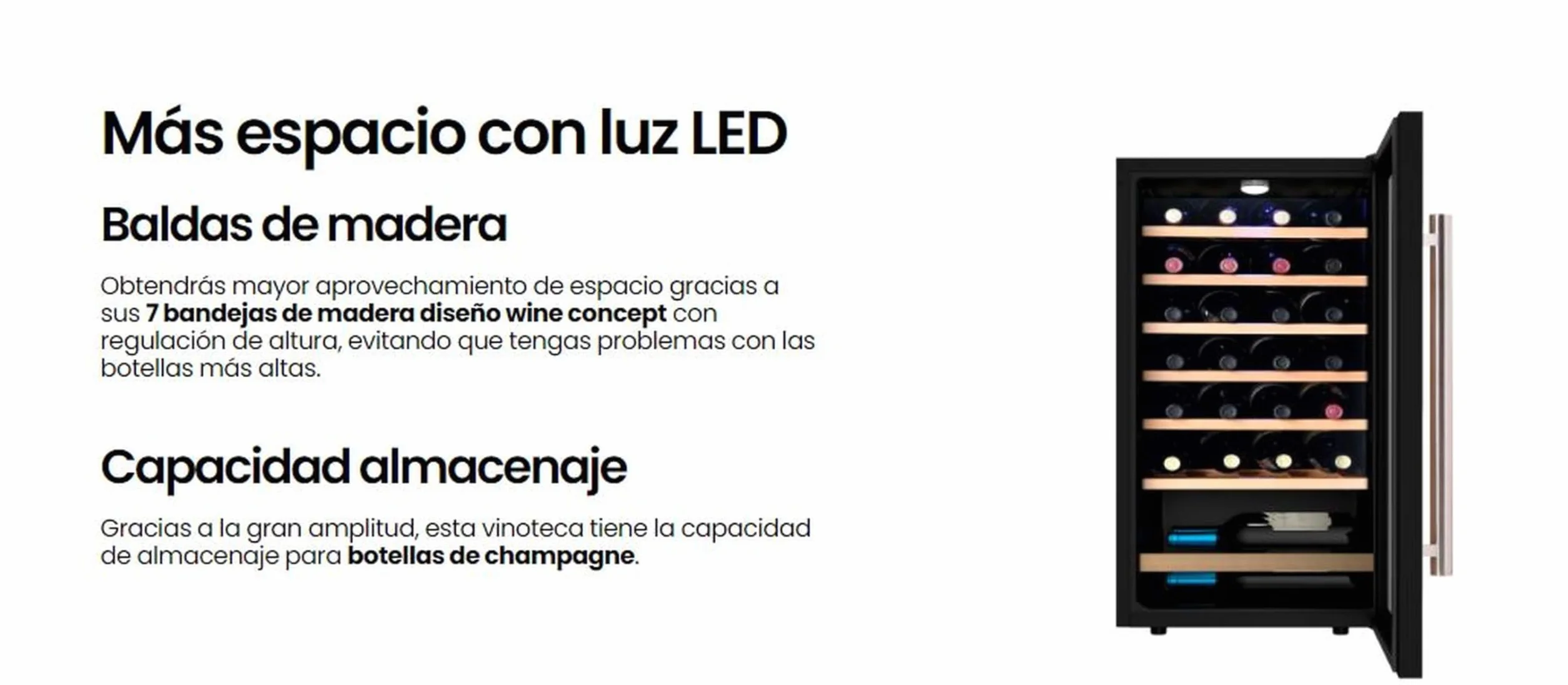 INFINITON Vinoteca WFL-34C, 34 Botellas, Luz LED en el interior, Sistema de enfriamiento No frost, Acabado exterior Crystal BLACK, Tirador exterior de acero inoxidable, G