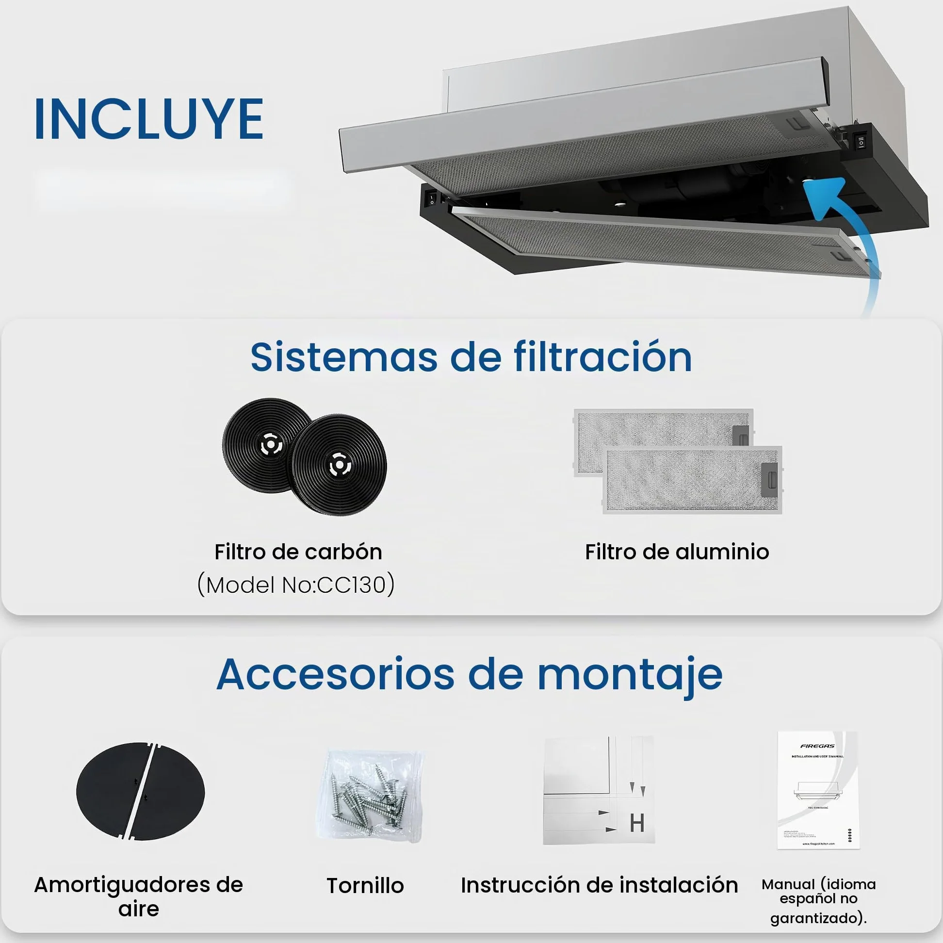 FIREGAS Clase A++ Campana Extractora 60 cm,Telescópica Extractor Cocina con Motor Sin Escobillas,400 m³/h,2 Velocidades,Ruido Bajo,Luces LED, Filtros de Aluminio y Carbón Activo,Negro