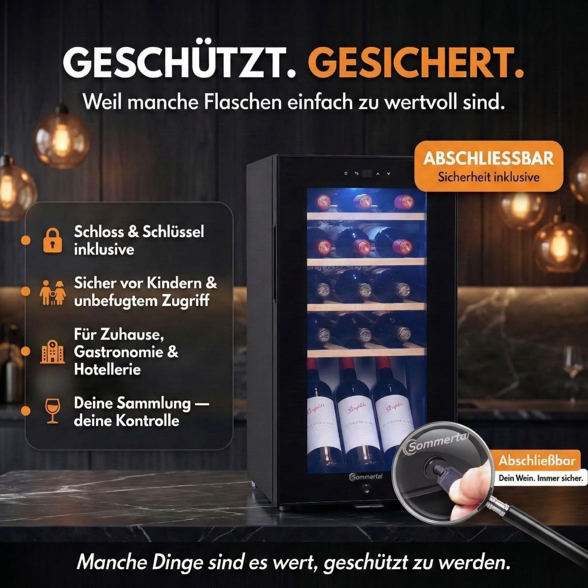 Sommertal WK50 - Nevera para vino con puerta de cristal (15 botellas, 5 – 20 ºC, ajustable, con cerradura, iluminación LED, puerta de cristal, pantalla táctil, 4 estantes de madera, silencioso, ahorro