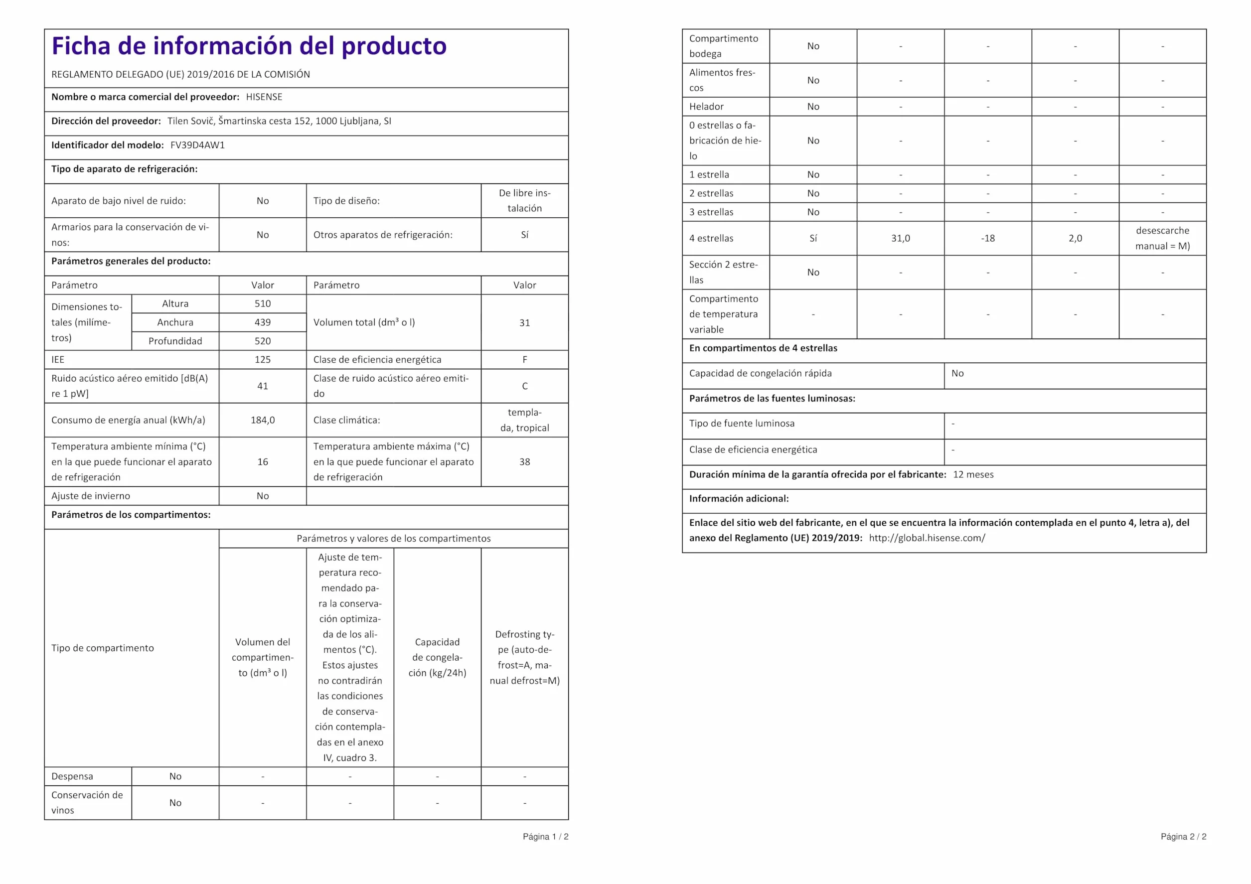 Hisense FV39D4AW1 Mini Freezer Box, 47 x 43,9 x 51 cm, 30 litros, 40 decibelios