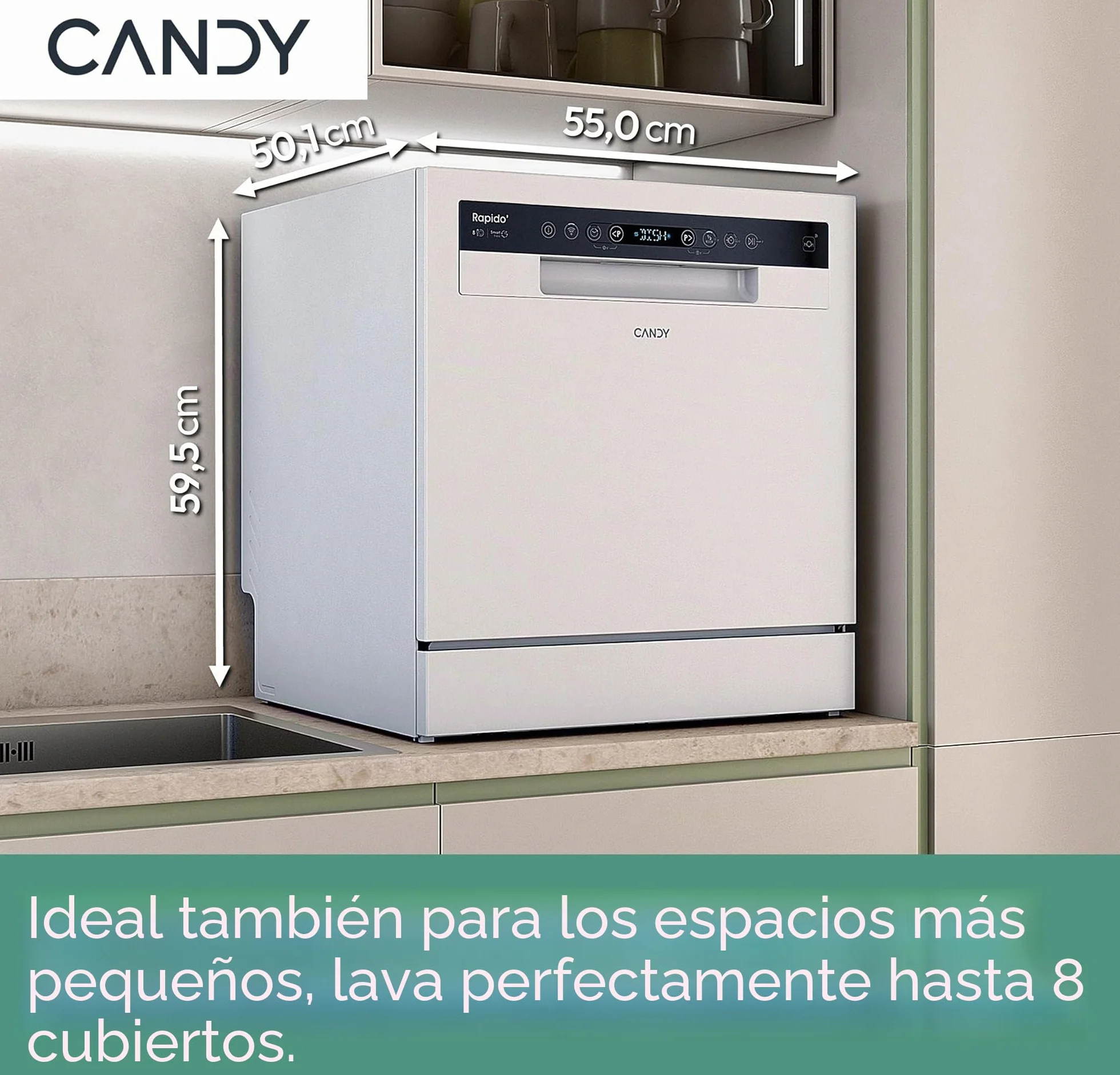 Candy Rapido' CP 8F9FFW Lavavajillas compacto, 8 cubiertos, 8 programas, lavado y secado de 190 cm, primera selección, HxBxD 59,5 x 50,1 x 55 cm, blanco [clase energética F]