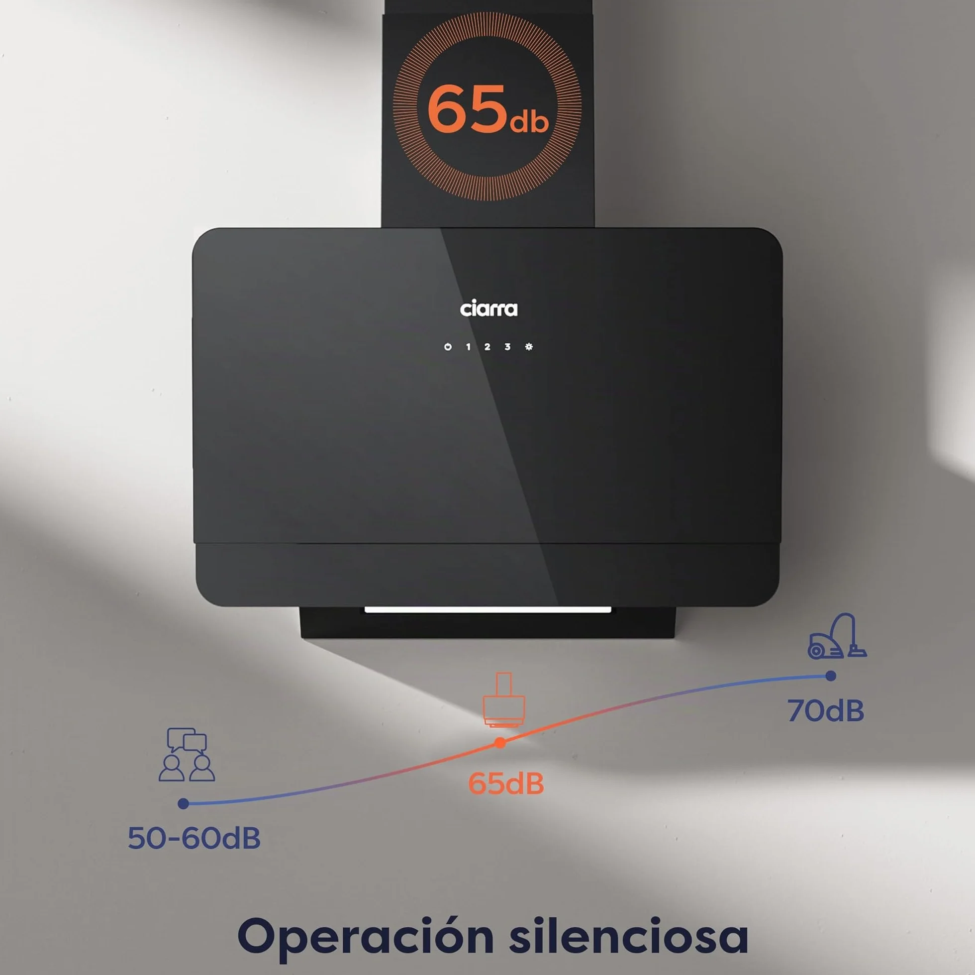 Ciarra CBCB6765C Campana de Pared Inclinada 60 cm 580 m³/h Clase A+ Control Táctil Panel de Cristal Negro