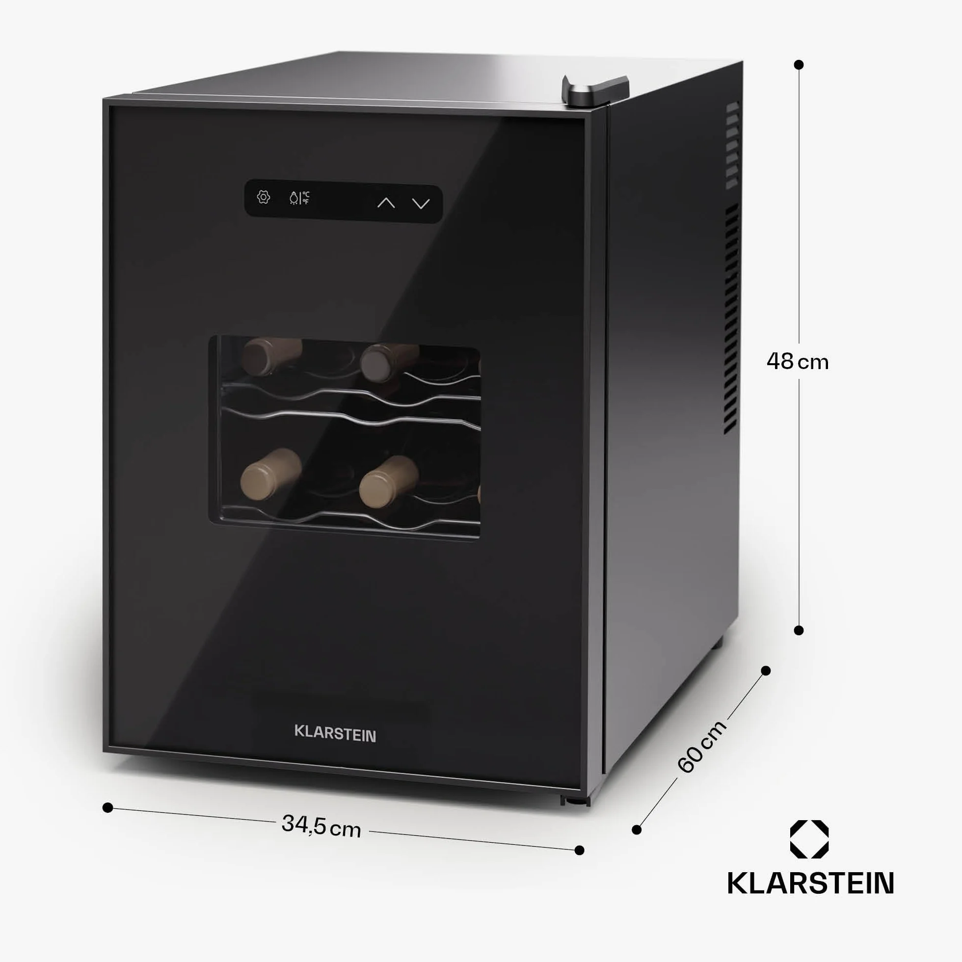 KLARSTEIN Nevera para vino independiente 1 zona, Nevera para bebidas pequeña, Nevera para vino pequeña, con puerta de cristal, Nevera para botellas interior/exterior, 12 botellas