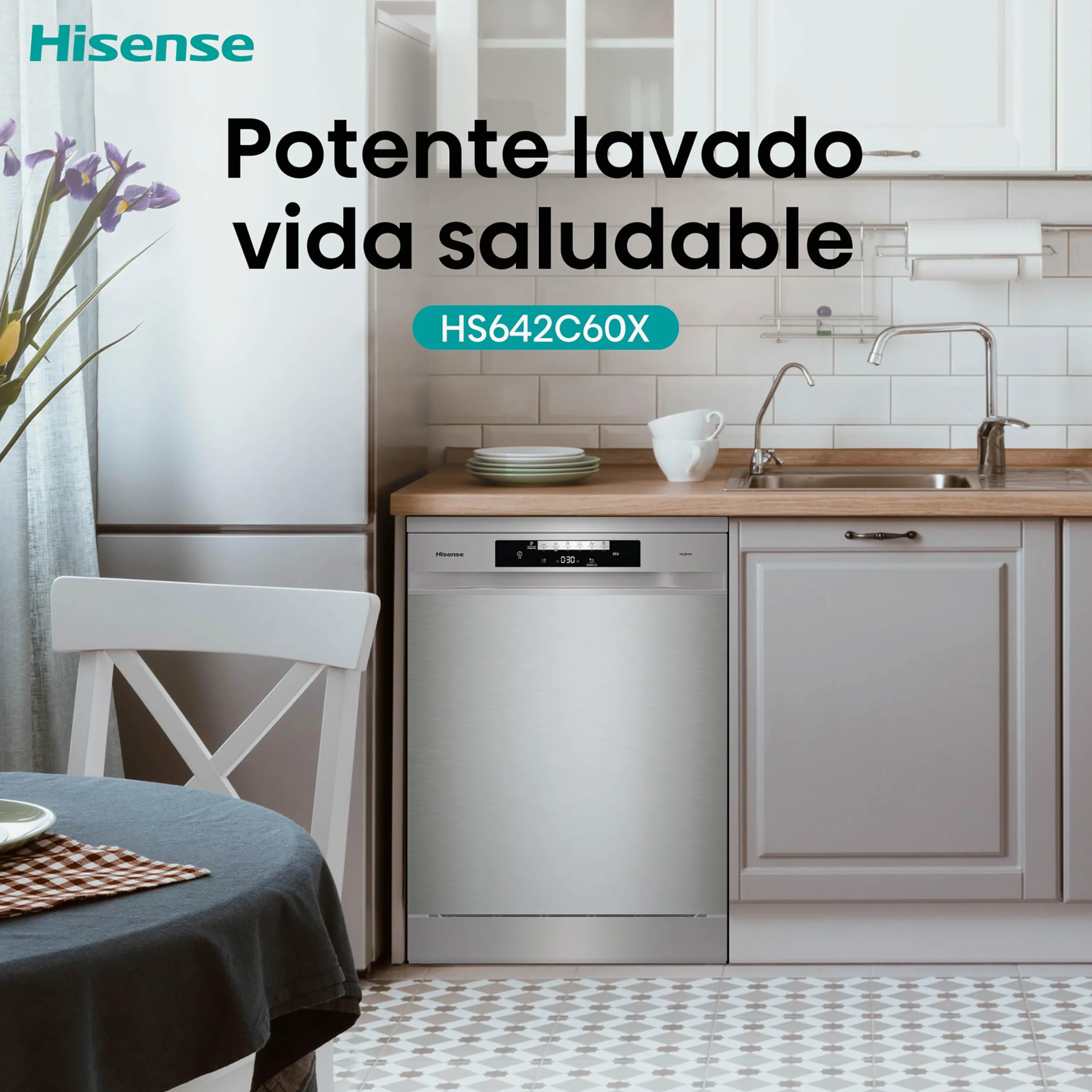 Hisense HS642C60X - Lavavajillas Independiente,Capacidad 14 Servicios, 60cm, Auto Dry Apertura de Puerta Automática, Control Táctil, Inicio Diferido y Lavado Rápido,Media Carga, Libre instalación Inox