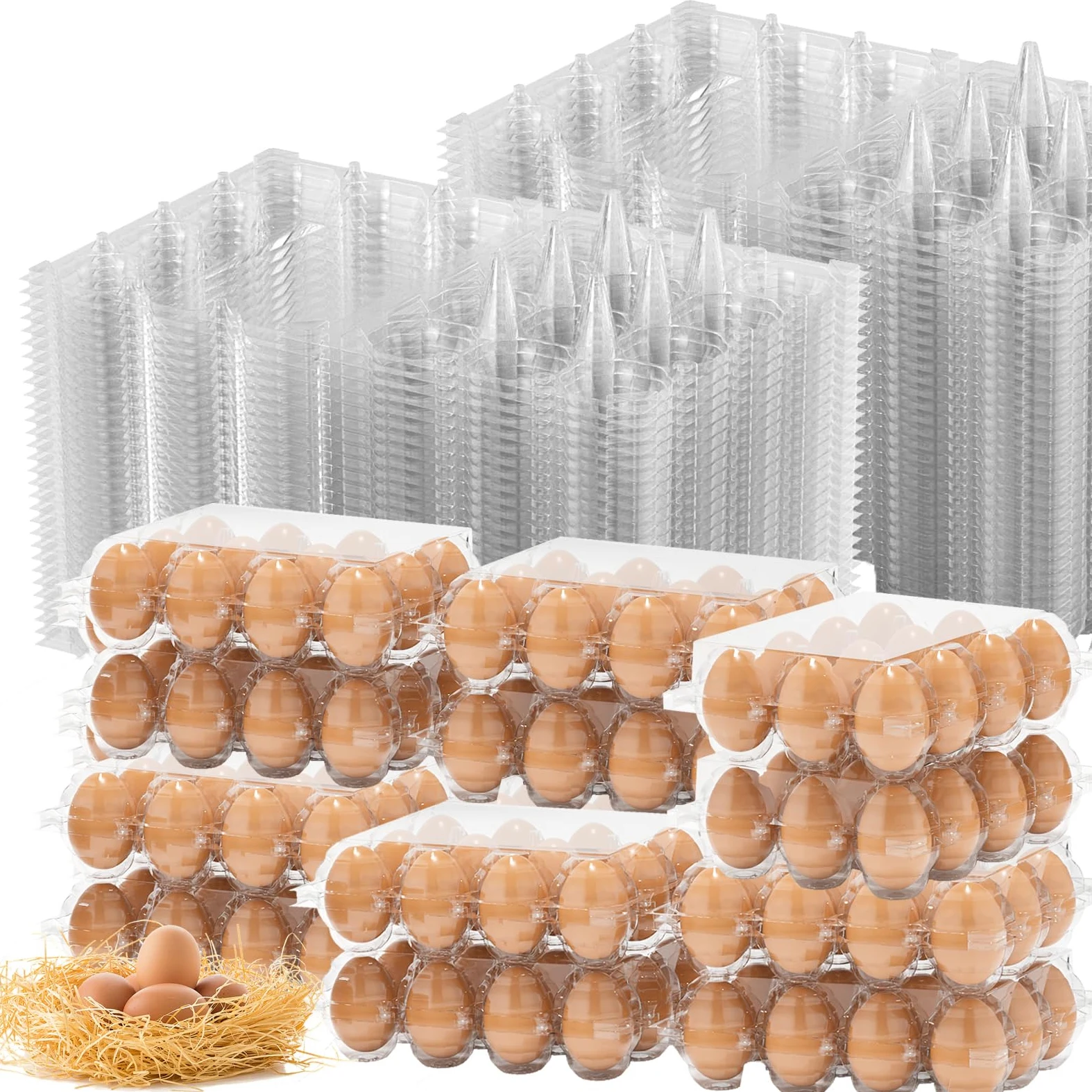 Paquete de 180 cajas de huevos a granel, 12 recipientes de plástico transparente para huevos de gallina, soporte reutilizable para huevos de gallina, exhibición de mercado comercial, embalaje de