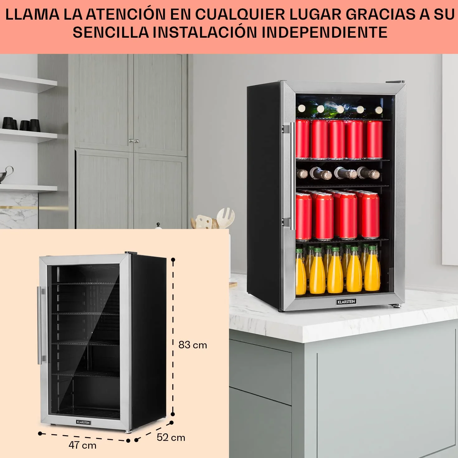 KLARSTEIN Nevera Pequeña Puerta Cristal Habitaciones, Nevera Portatil Electrica, Mini Nevera Pequeña para Bebidas, Frigorificos Pequeños 98L, Mini Frigorifico con Estantes, Neveras Pequeñas