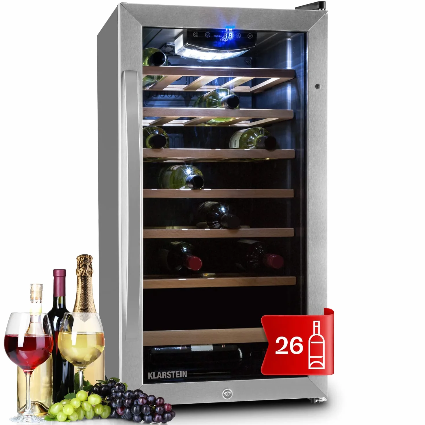 Klarstein Vinoteca 26 Botellas, Nevera Vinos, Una Zona de Refrigeración, Nevera Expositora Vino y Cerveza, Vinoteca Interior y Exterior con Puerta de Cristal, Nevera Vino con Protección UV, 5-18°C