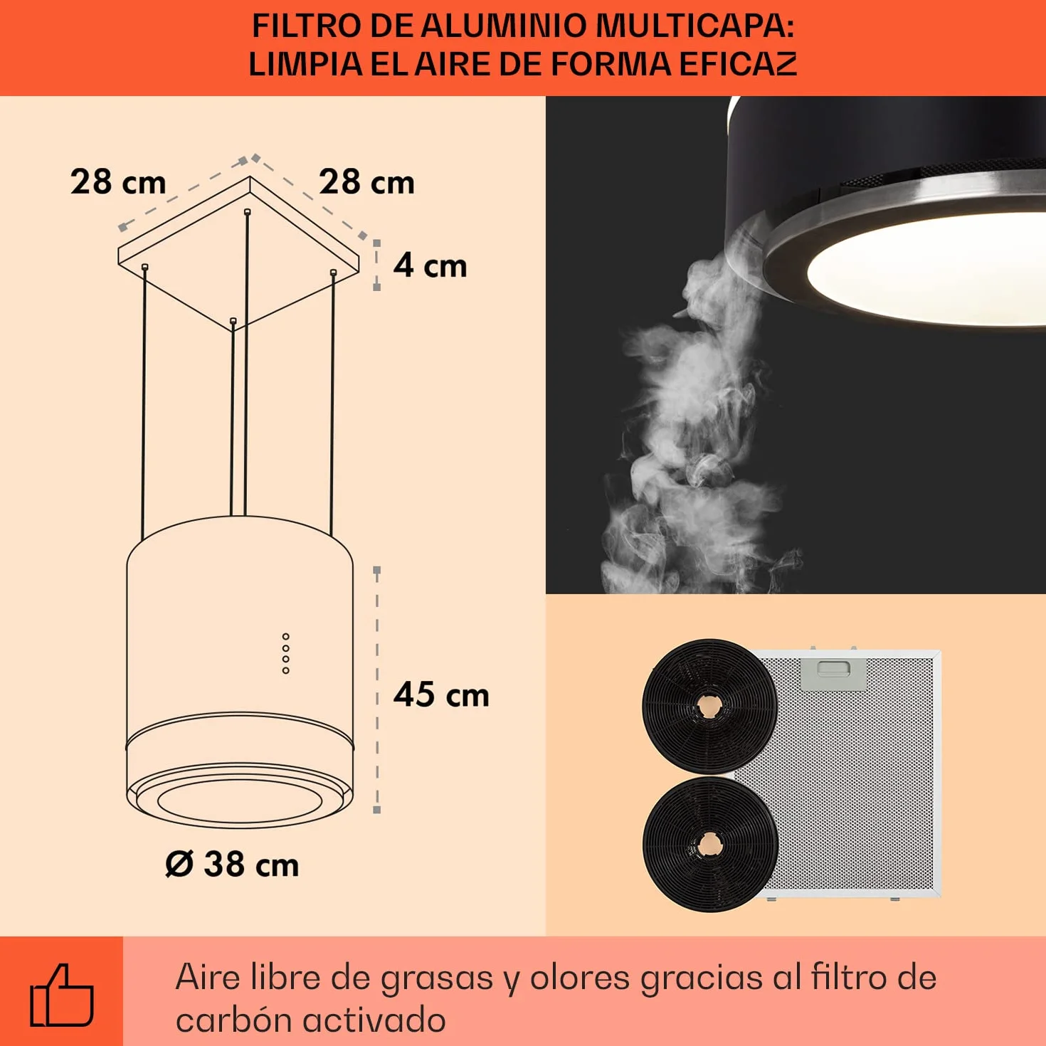 Klarstein Tron Ambience Campana extractora isla 165 W 540m³/h 38 cm 3 niveles LED Acero Grafito
