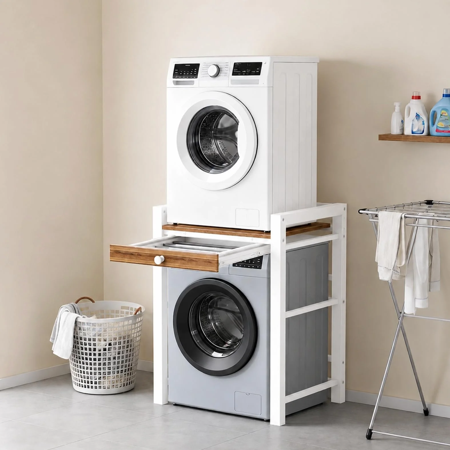 Estantería para lavadora, lavadora y secadora superpuestas, capacidad de carga de 300 kg, armario de lavadora para baño, cocina, balcón, lavandería (blanco con cajones)
