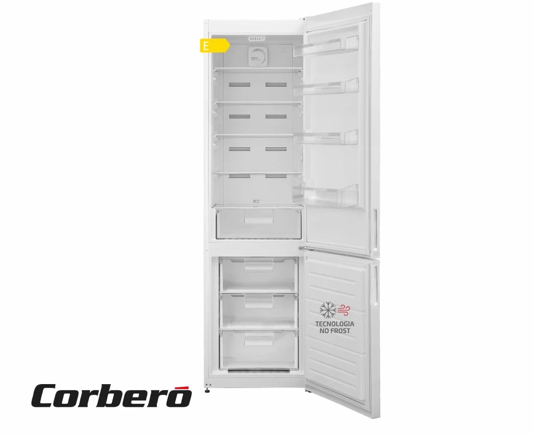Corberó - Frigorífico Combi | CC200V24NFW | 327L | 60x59,5x201 | No Frost, Luz LED, Crisper, Balcones Ajustables, Estantes de Cristal, Huevera | 39 Db | Blanco