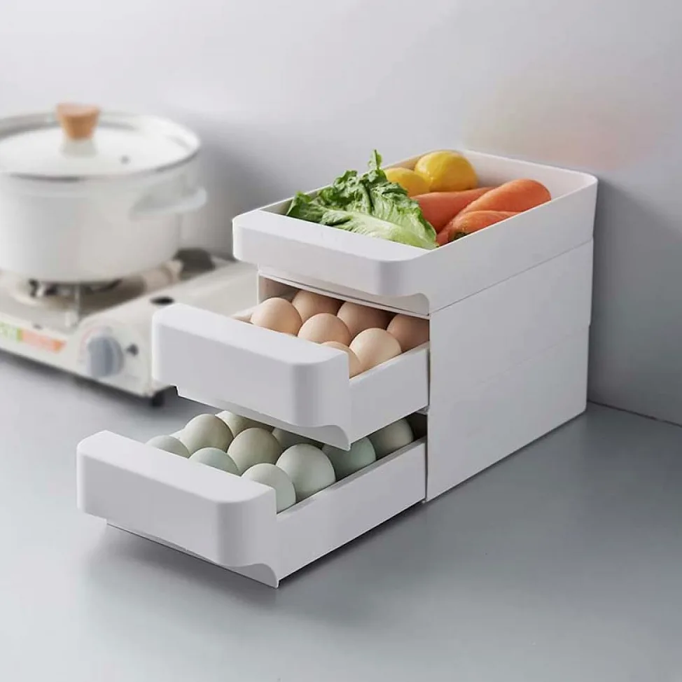 Bandeja de plástico para huevos, Caja de almacenamiento huevos plástico tipo cajón apilable tres capas for refrigerador varios tamaños