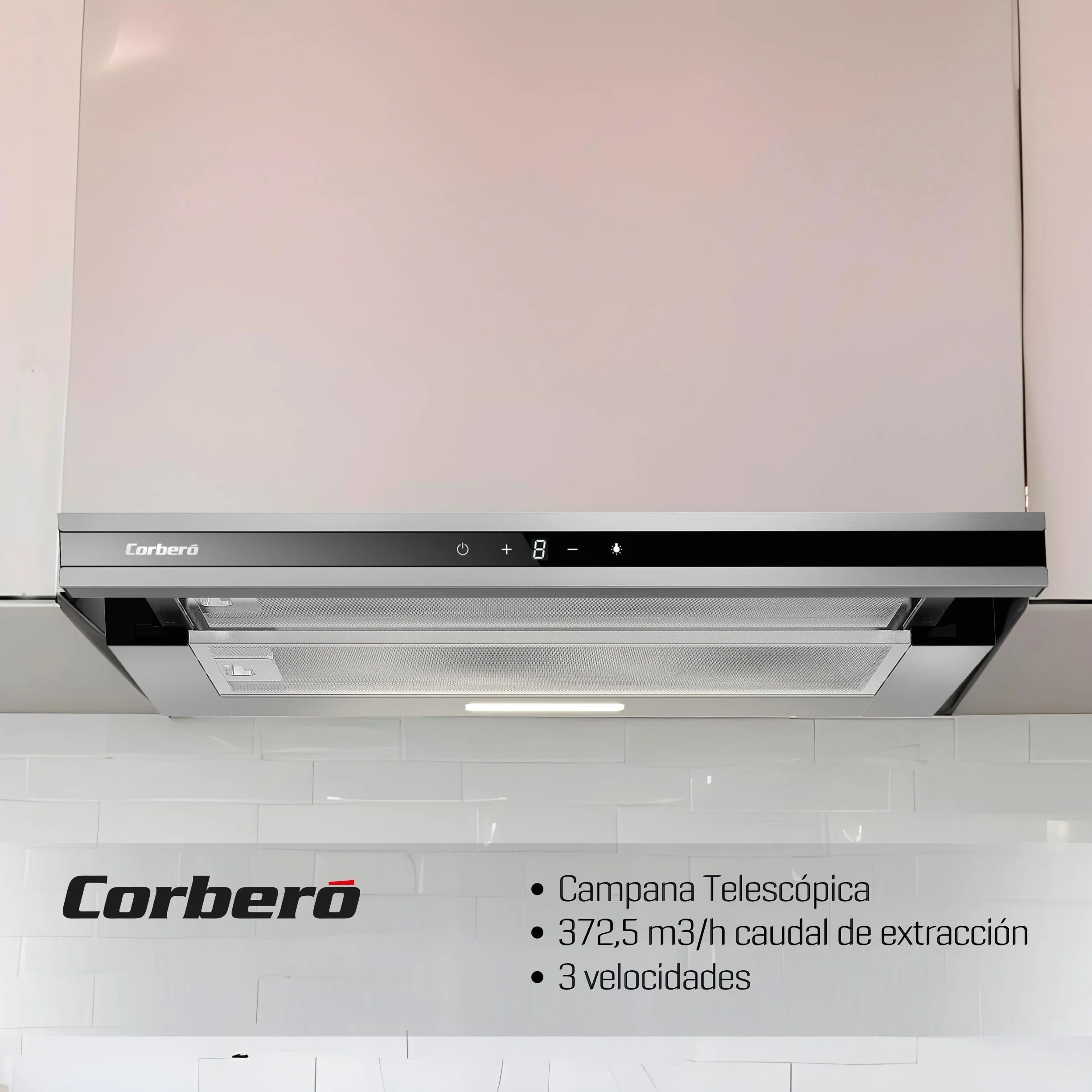 Corberó - Campana Extractora Telescópica 60 cm | MAKALU640X | 372.5 m3/h | 65db | 71.5W | 3 Velocidades | Luz LED | 2 Filtros Aluminio+ Filtro Carbon | Inox-Negro