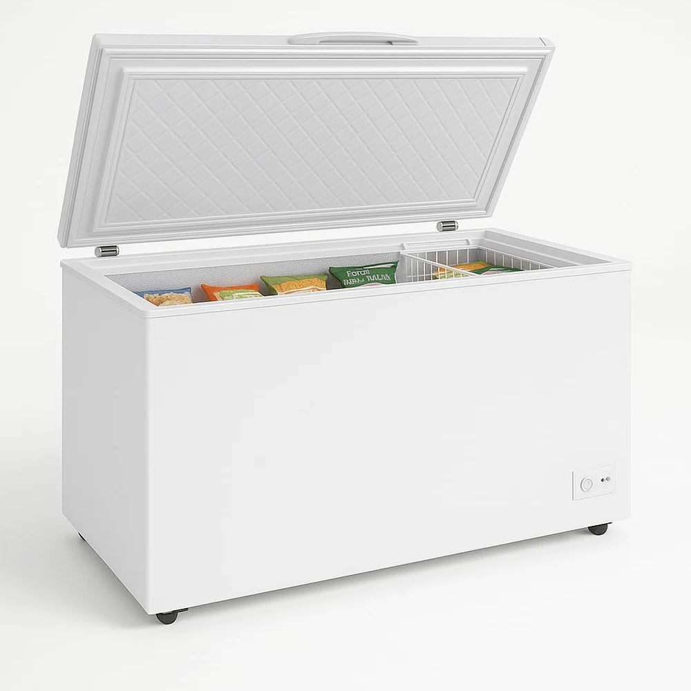 Congelador maletero 550L (488L Net) – Temperatura -18 a -22°C – Puerta completa con cerradura – LED interior – Termostato ajustable – Ruedas y pies ajustables – 230 V – Blanco
