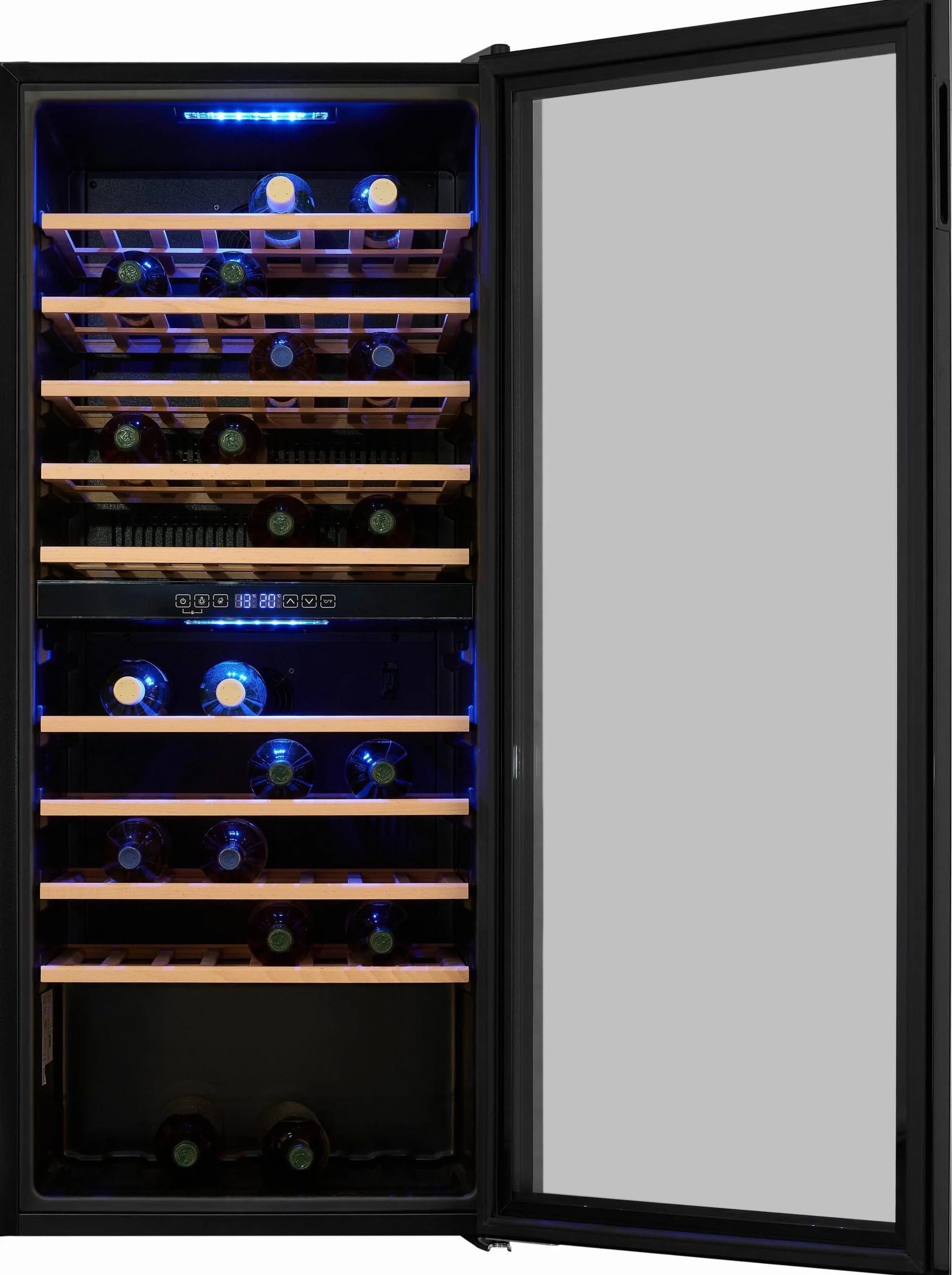Exquisit® Vinoteca para 114 Botellas, 220L, Negro, Clase G, Dos Zonas de Temperatura 5-20°C, Control Digital LCD, Puerta de Cristal Reversible, Medidas (129,0 x 55,2 x 57,5 cm)