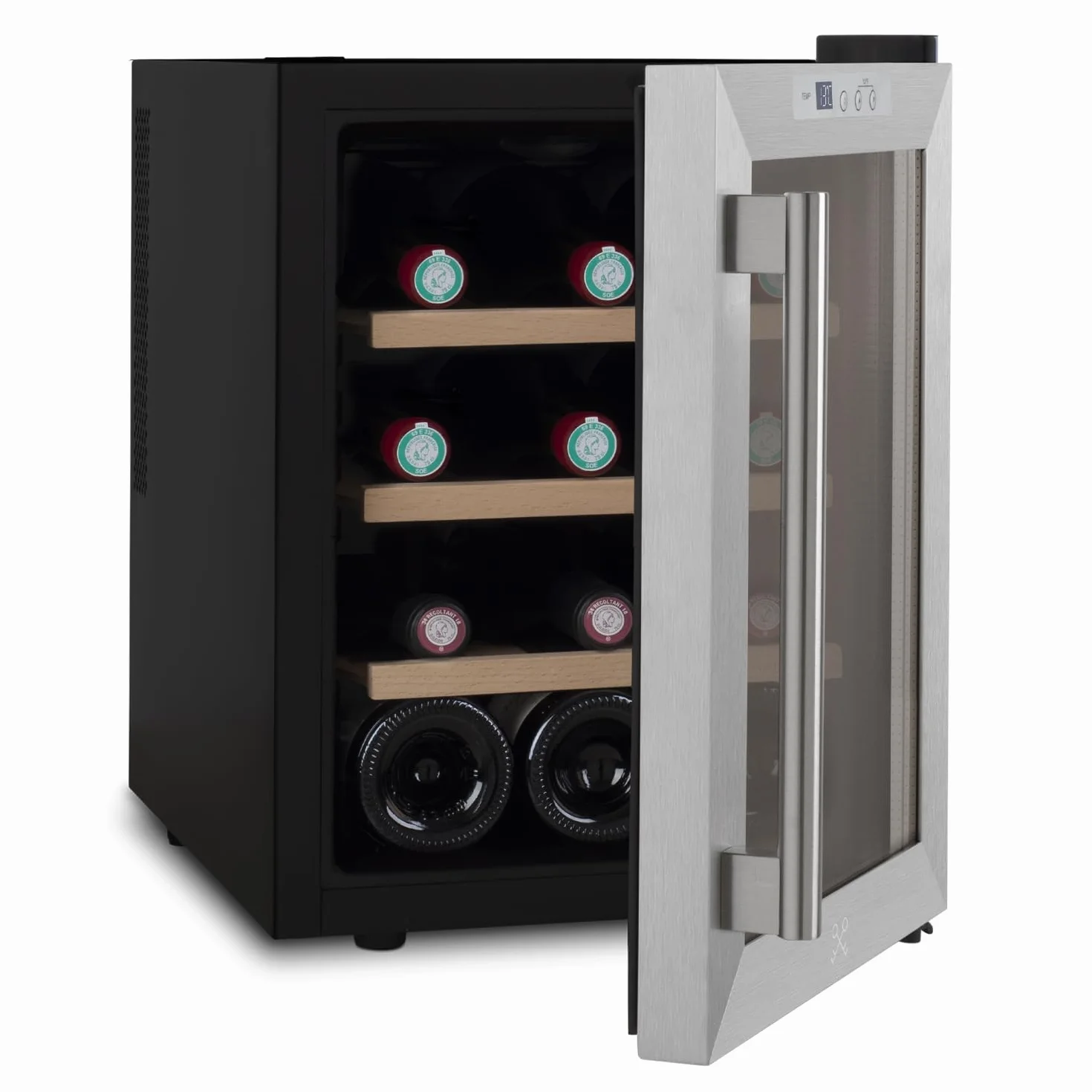 LES PETITS CHAMPS Vinoteca 12 botellas CAVS12, Capacidad 31L, Puertas de acero inoxidable, Ajuste de temperatura de 11°C a 18°C, Sistema termoeléctrico, Iluminación LED, Anti-UV, 3 estantes