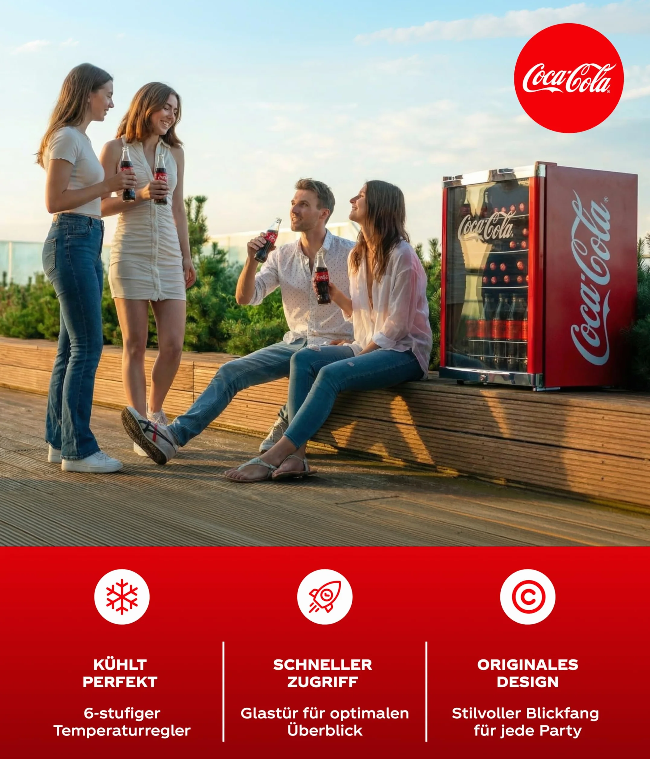 °CUBES Frigorífico Coca Cola de 115 l, refrigerador grande con puerta de cristal, perfecto para fiestas y comercios, eficiencia energética, 84,5 cm de alto, 104 kWh/año, nevera grande para botellas
