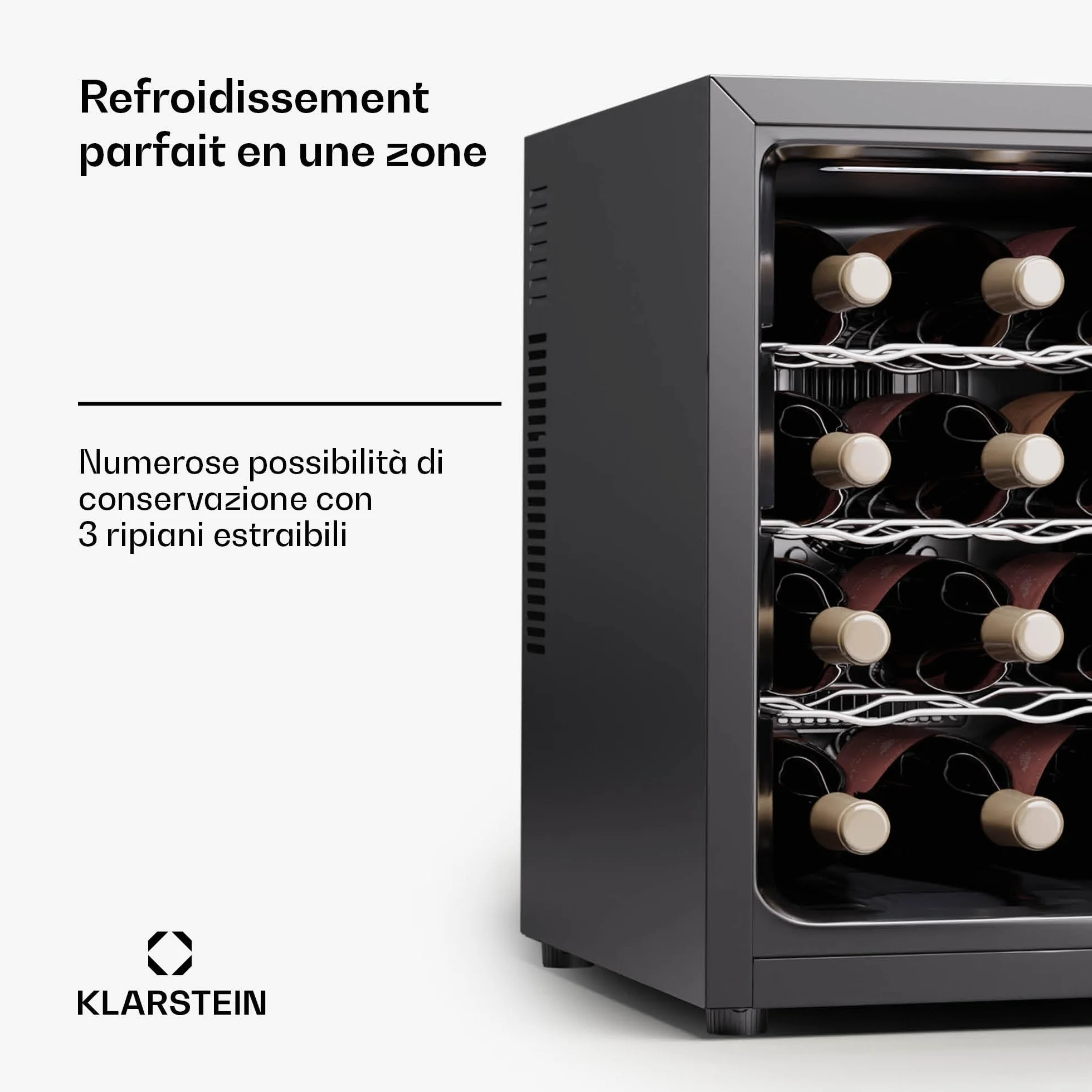 KLARSTEIN Nevera para vino independiente 1 zona, Nevera para bebidas pequeña, Nevera para vino pequeña, con puerta de cristal, Nevera para botellas interior/exterior, 12 botellas