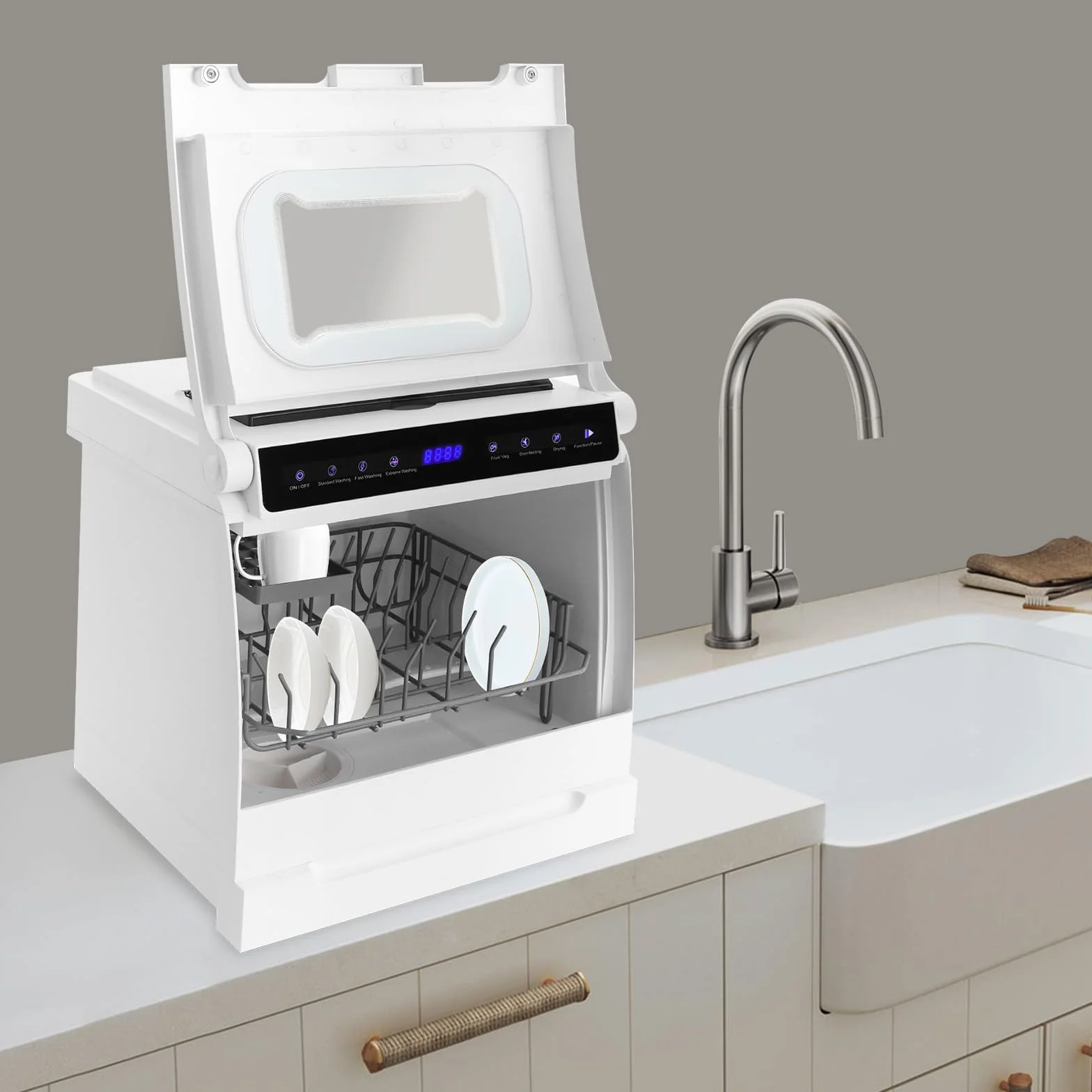 800 W portátil Lavavajillas, lavavajillas de mesa con 6 programas y depósito de agua de 5L, lavavajillas de mesa con cubierta semitransparente e indicador LED, perfecto y fácil para casas pequeñas