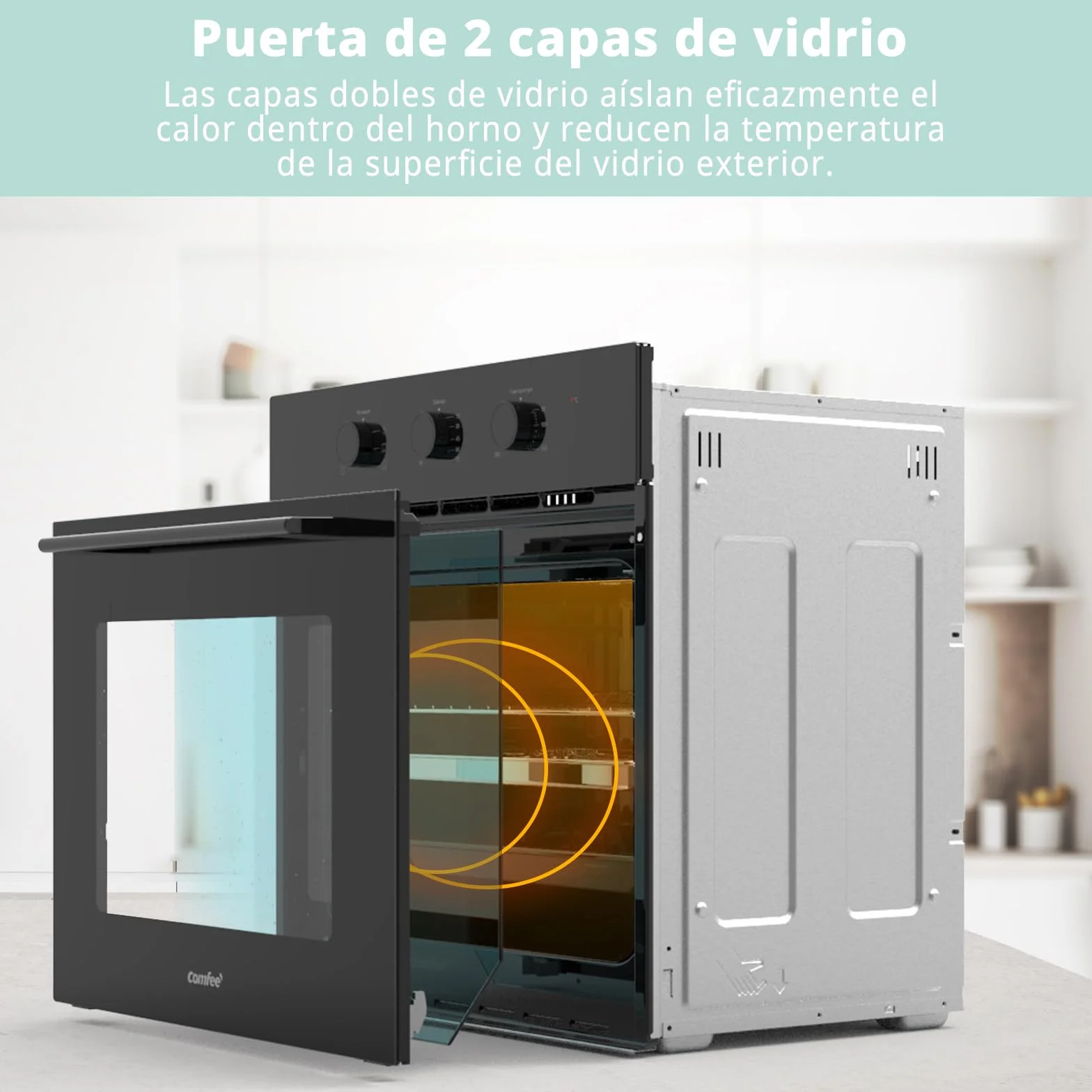 COMFEE' CBO60M80M1-BK Horno empotrable de 60 cm y 60 litros con 8 funciones, freidora de aire, cocción multifase, puerta extraíble, fácil limpieza, limpieza con vapor, color negro