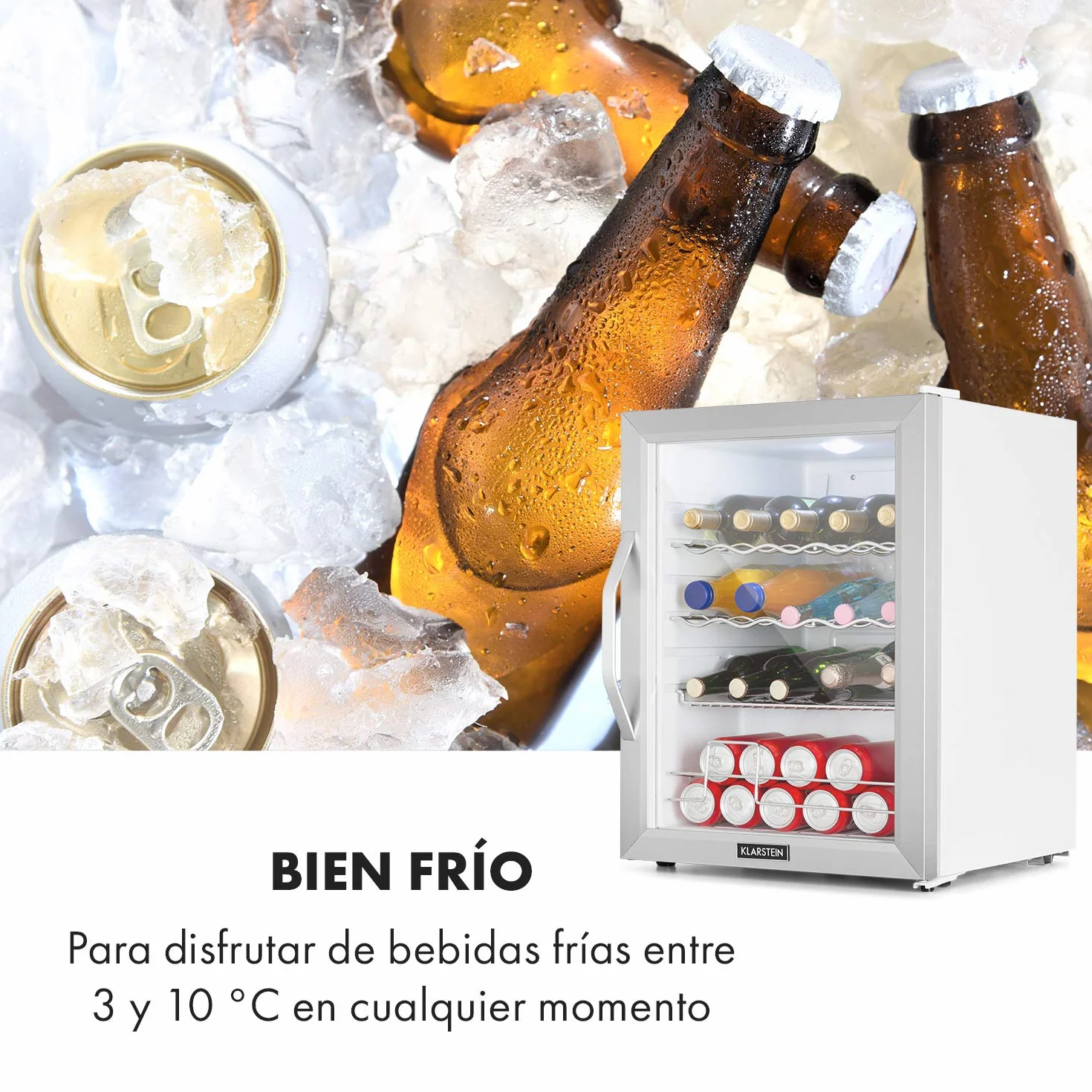 KLARSTEIN Nevera Pequeña Portatil Electrica para Bebidas, Mini Frigorifico con Estantes y Puerta de Cristal Habitaciones, 60L
