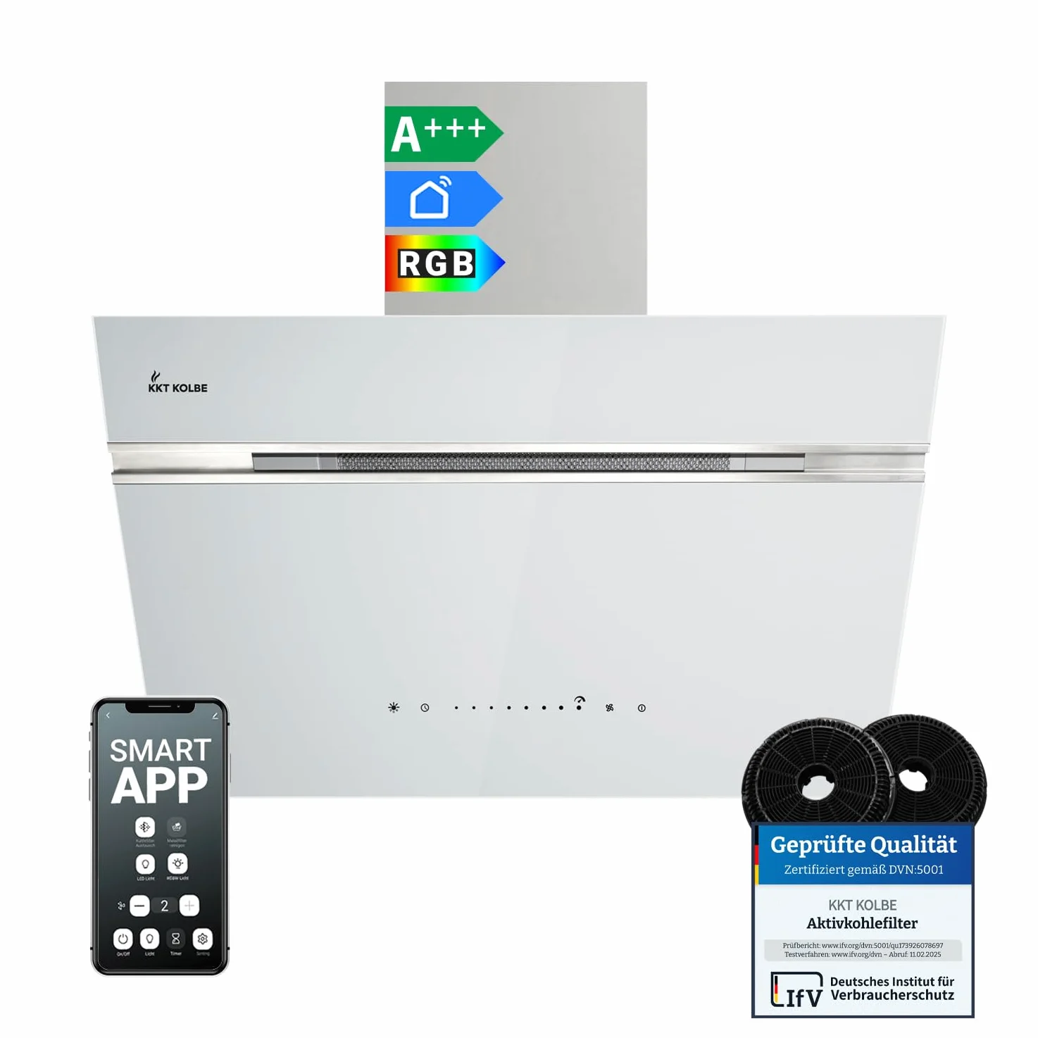 KKT KOLBE A+++ Campana extractora de 60 cm 782 cbm/h, recirculación, sin cabeza, campana de pared | cristal blanco plateado | automático | aplicación WiFi inteligente | SensorTouch | iluminación LED