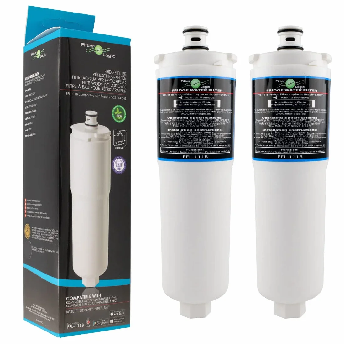 FilterLogic FFL-111B | Paquete de 2 filtros de agua compatibles con 3M CS-52 para Bosch, Siemens, Neff Sistema de filtro de refrigerador 00576336, 576336, 00640565, 640565, CS-452, CS-451, CS-51