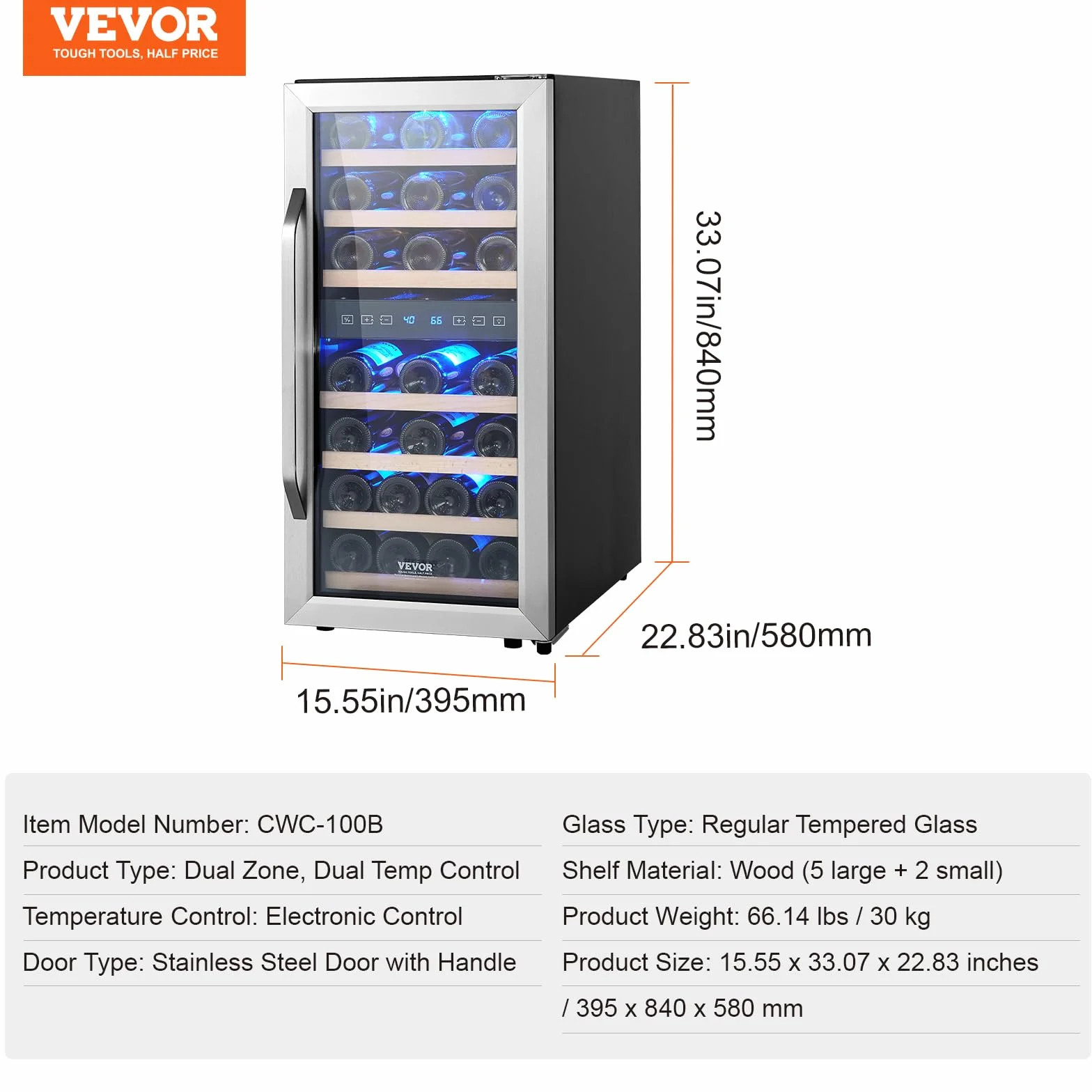 VEVOR Enfriador de Vino para 33 Botellas de Doble Zona y Temperatura, Independiente con Refrigeración por Aire Circulante y Control Digital, Puerta de Vidrio Templado Protección UV, 395 x 580 x 840 mm