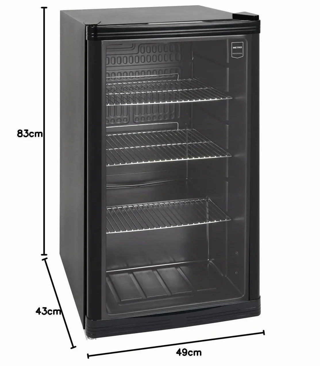 METRO Professional Mini Frigorífico GPC 1088, nevera pequeña con puerta de cristal, 88 L, negro, 1.052 kWh/24h, con estante ajustable para gastronomía, restaurant, tiendas