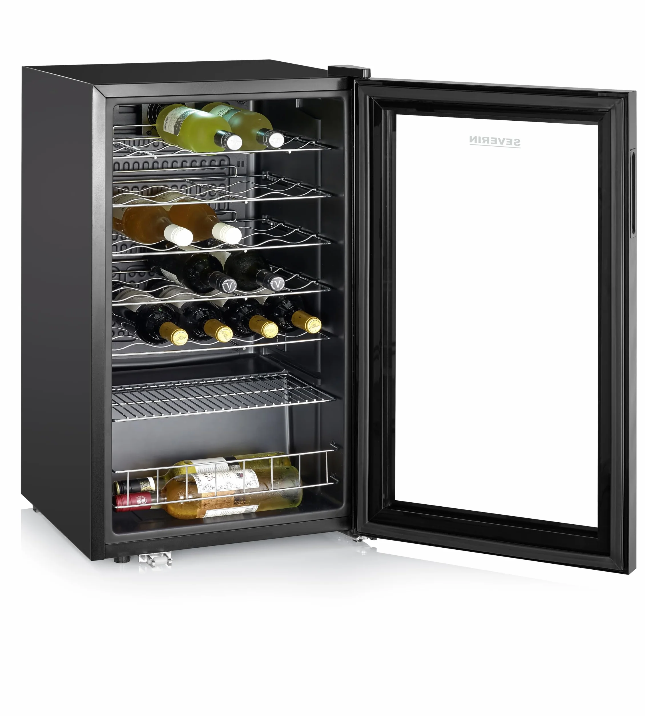 SEVERIN WKS 8908 Vinoteca para 33 Botellas, 95 L, Temperatura: 5° y 18°C, Nivel de Ruido 43 dB(A), Puerta de Cristal y Marco de Plástico y 6 Estantes cromados, 5 de Ellos Regulables en Altura, Negro