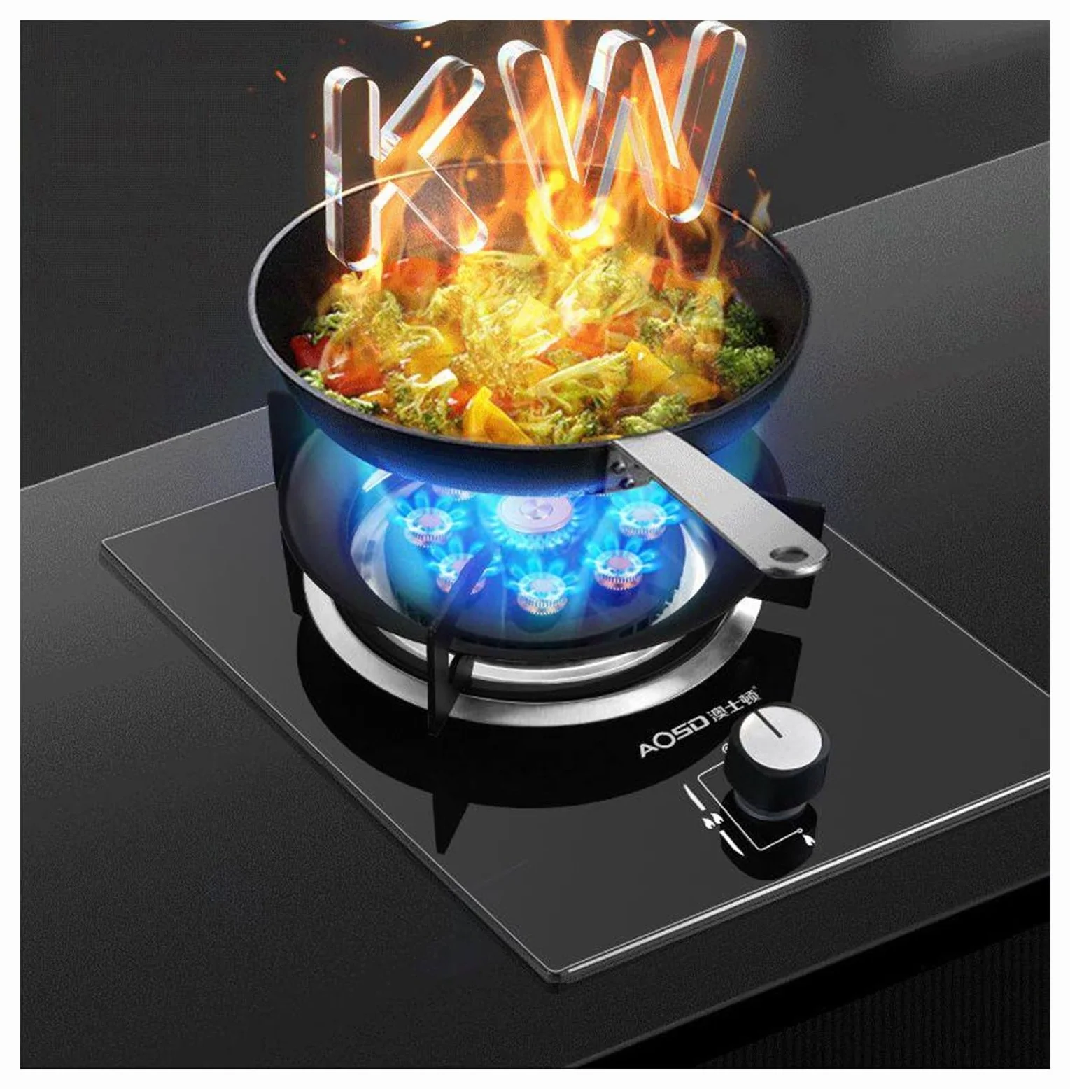 Estufa de gas de un solo quemador, cocina de fuego alto de 5,2 kW, reguladores de interior de catering, estante de hierro fundido de vidrio templado, con protección contra llamas